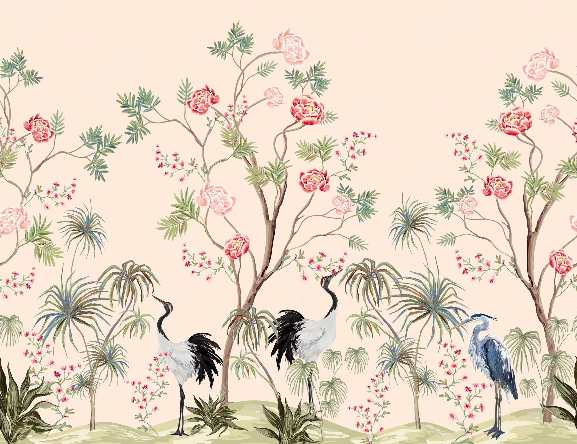 2000x1539 Premium Vector. Beautiful exotic chinoiserie wallpaper hand drawn vintage chinese rose trees palms