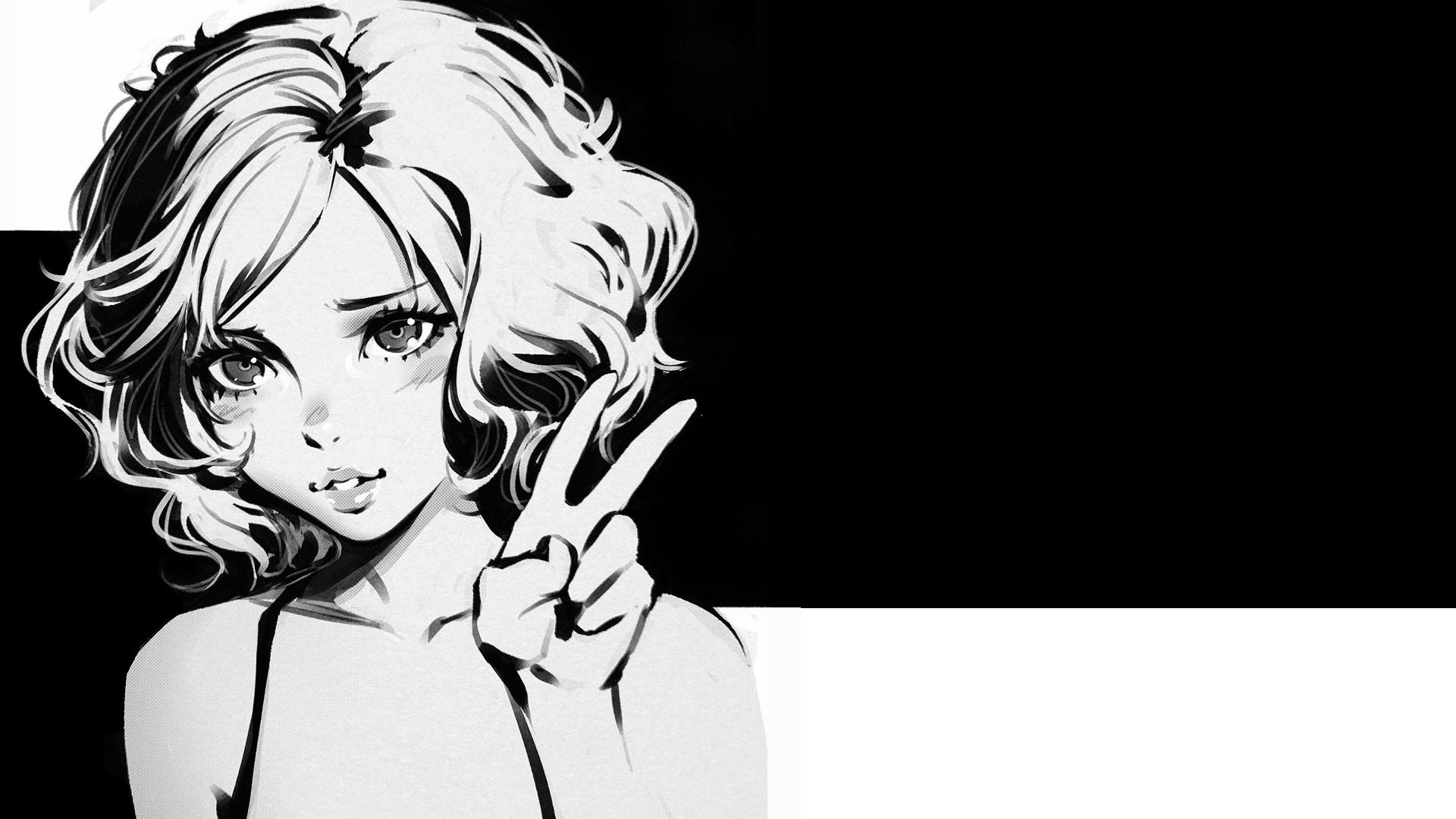 1920x1080 monochrome, anime girls, anime, drawing, Ilya Kuvshinov Gallery HD Wallpaper