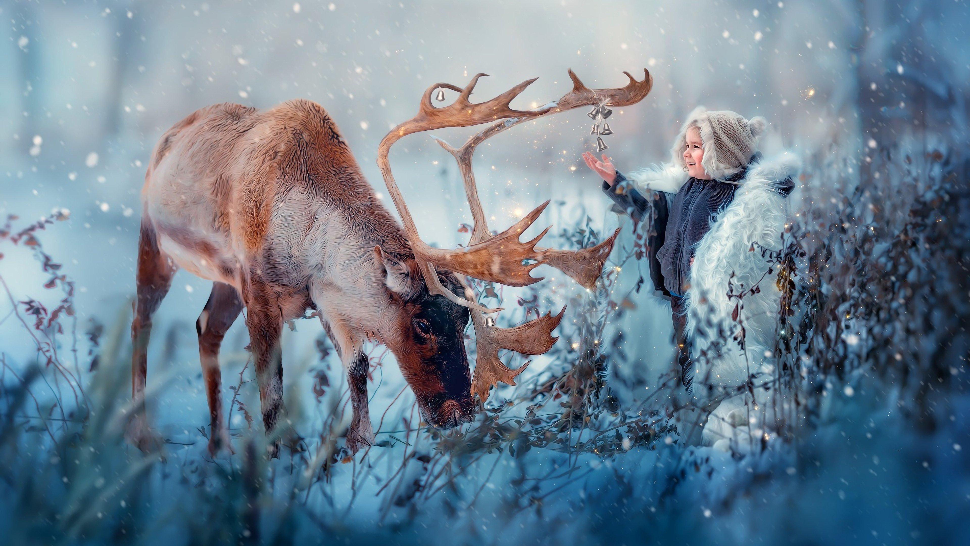 3840x2160 Reindeer with a child in snow Wallpaper 4k Ultra HD