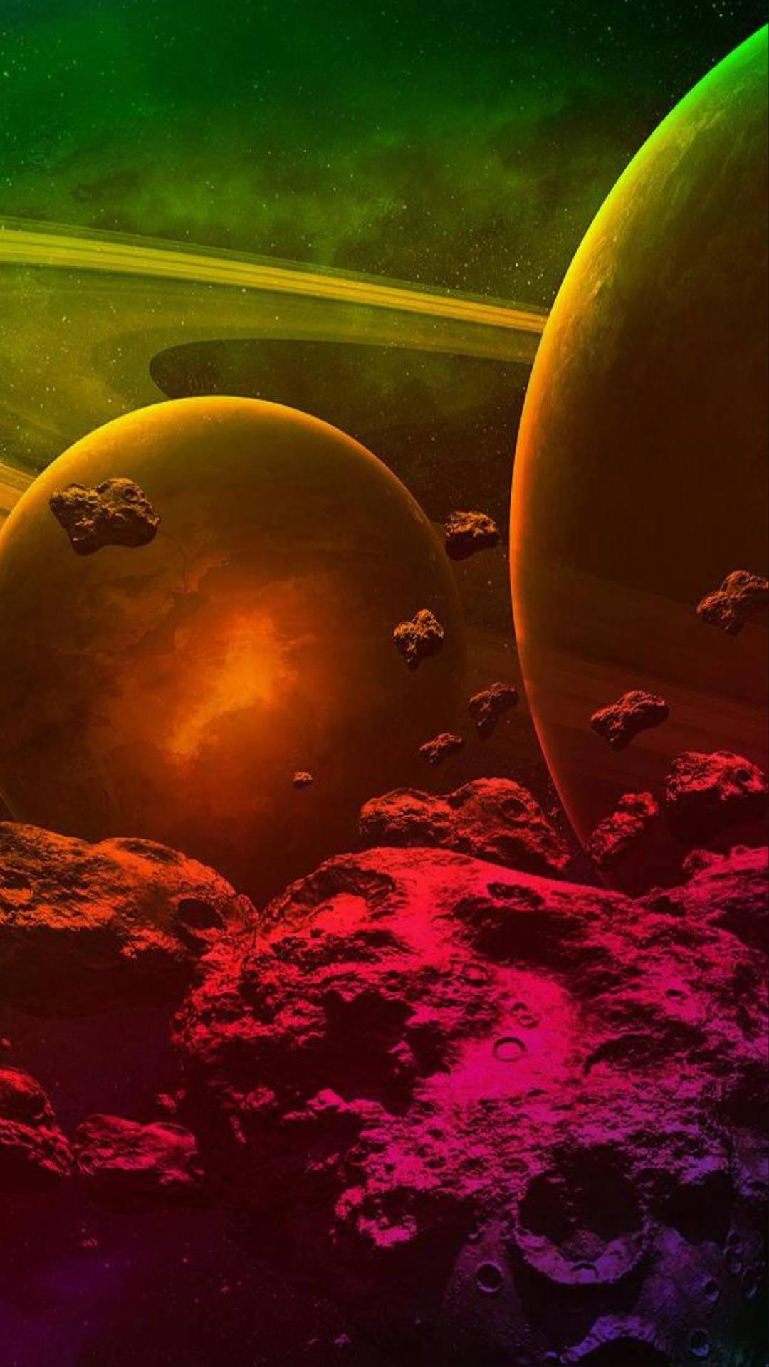 1080x1920 Download Asteroids And Planets In Rainbow Galaxy Wallpaper