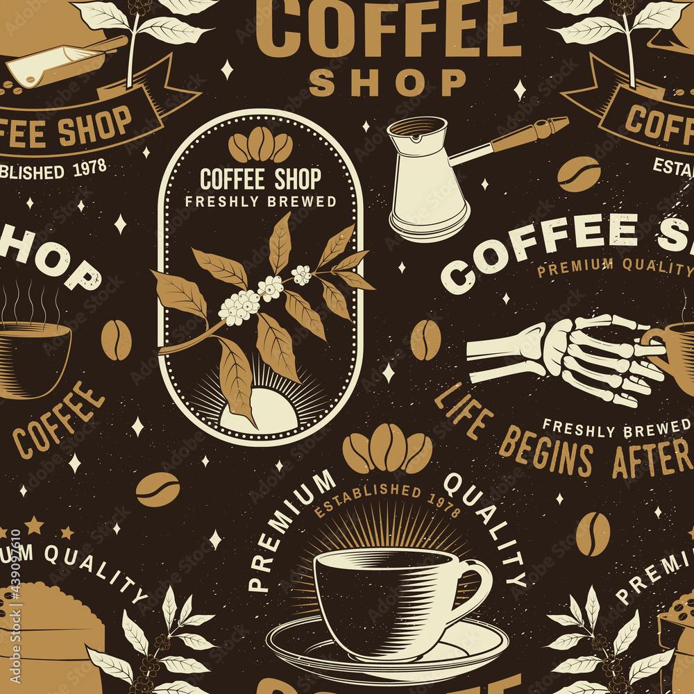 1000x1000 Set of Coffe shop seamless pattern or background. Vector Seamless scene with paper coffee cup, branch of coffee tree, grinder silhouette. Coffee shop background for wallpaper or wrapper. Stock Vector