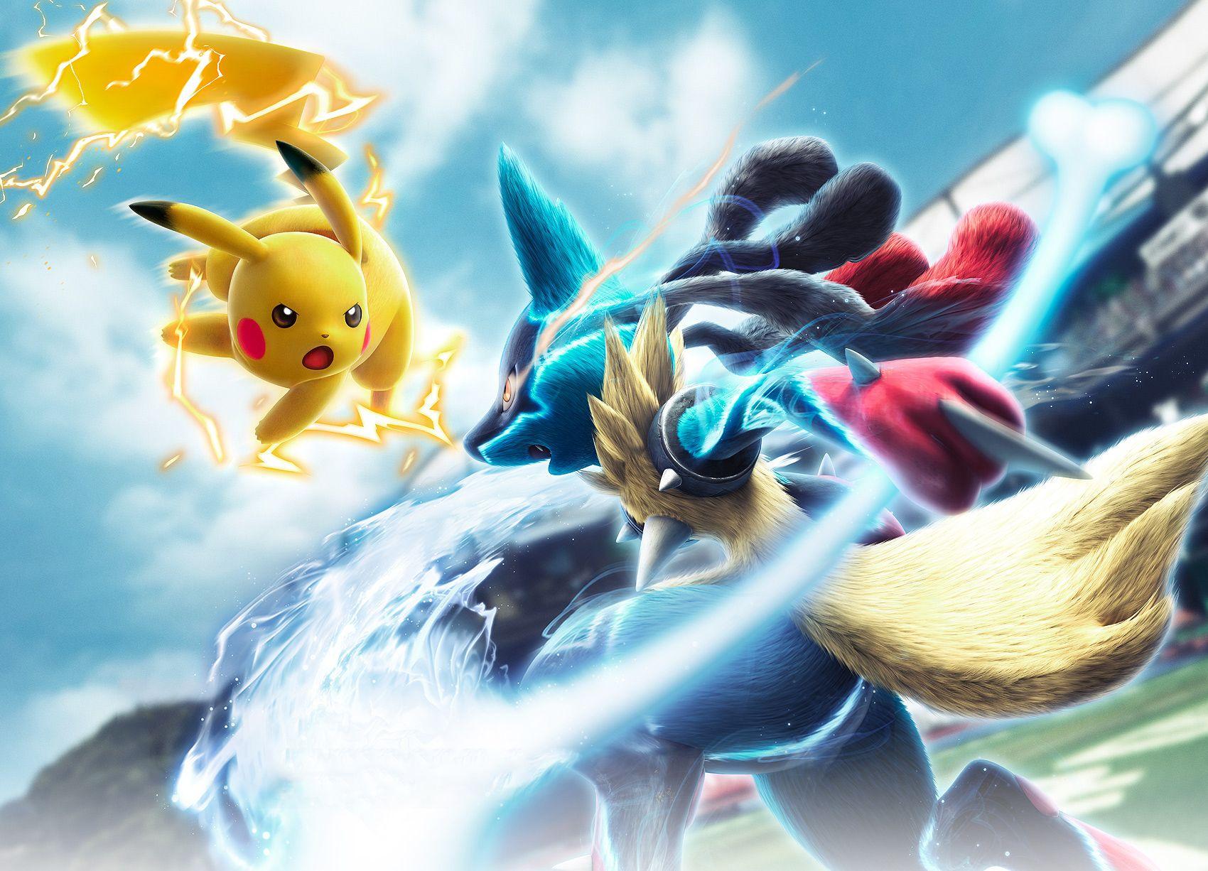 1700x1226 HD desktop wallpaper: Pokémon, Pikachu, Video Game, Lucario (Pokémon), Mega Lucario (Pokémon), Pokken Tournament download free picture
