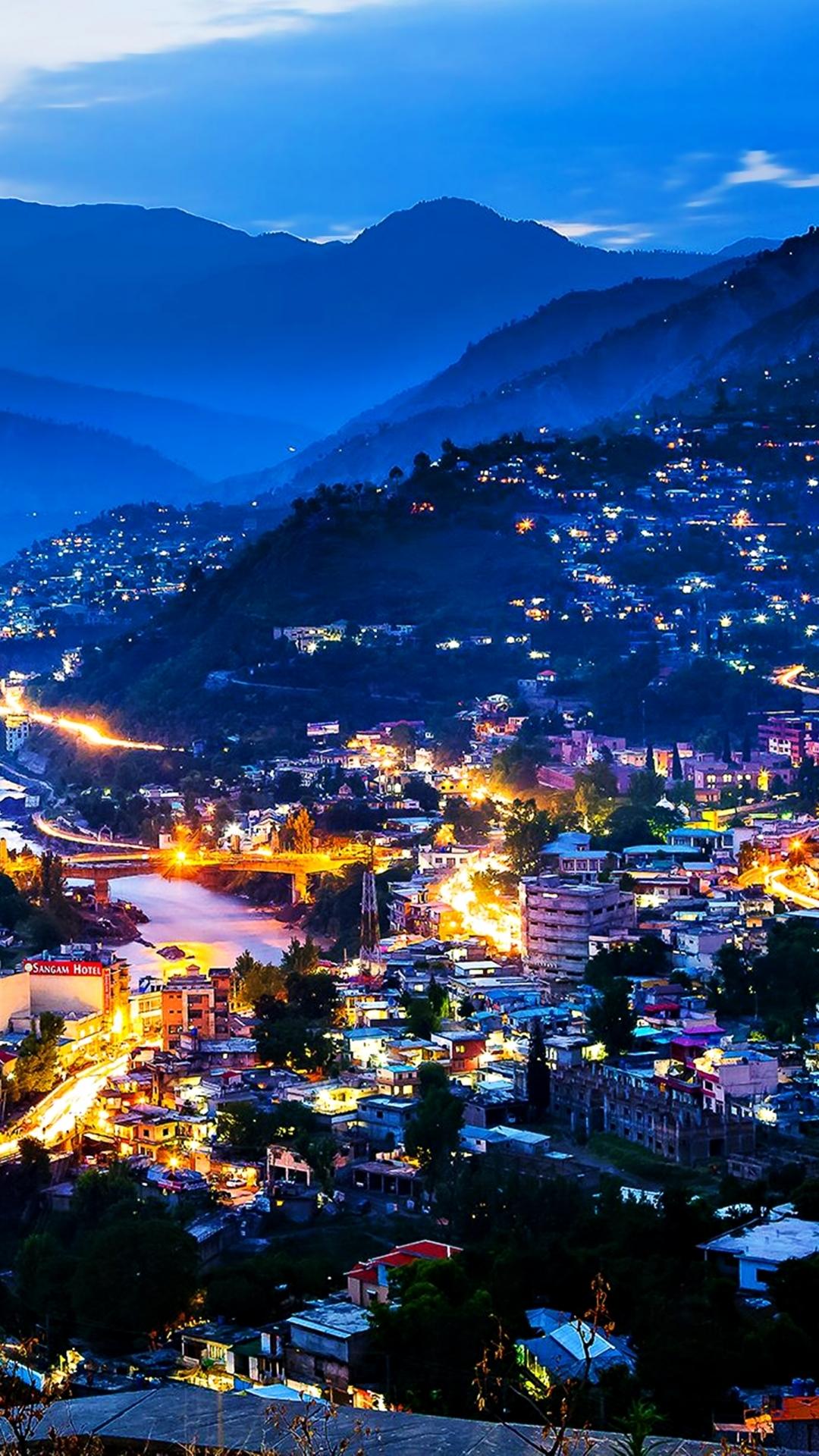 1080x1920 Mobile wallpaper: Landscape, Night, City, Building, Mountain, Light, River, Pakistan, Man Made, Kashmi, 1227713 download the picture for free