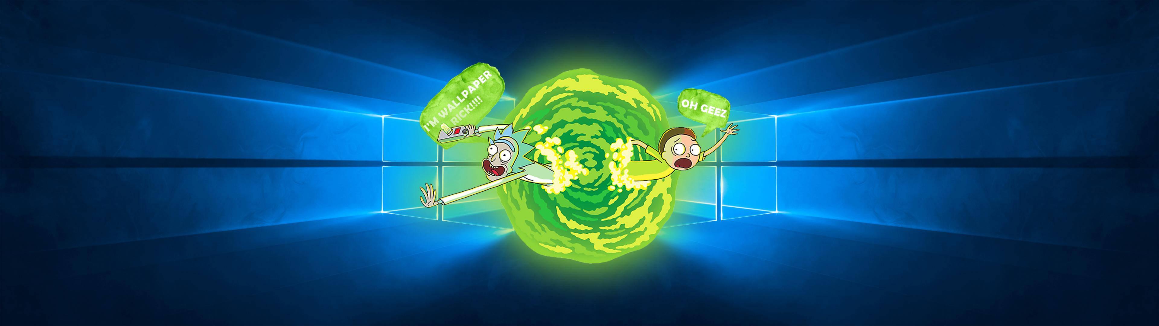 3840x1080 Download Rick Sanchez and Morty Smith looking out of their spaceship window Wallpaper