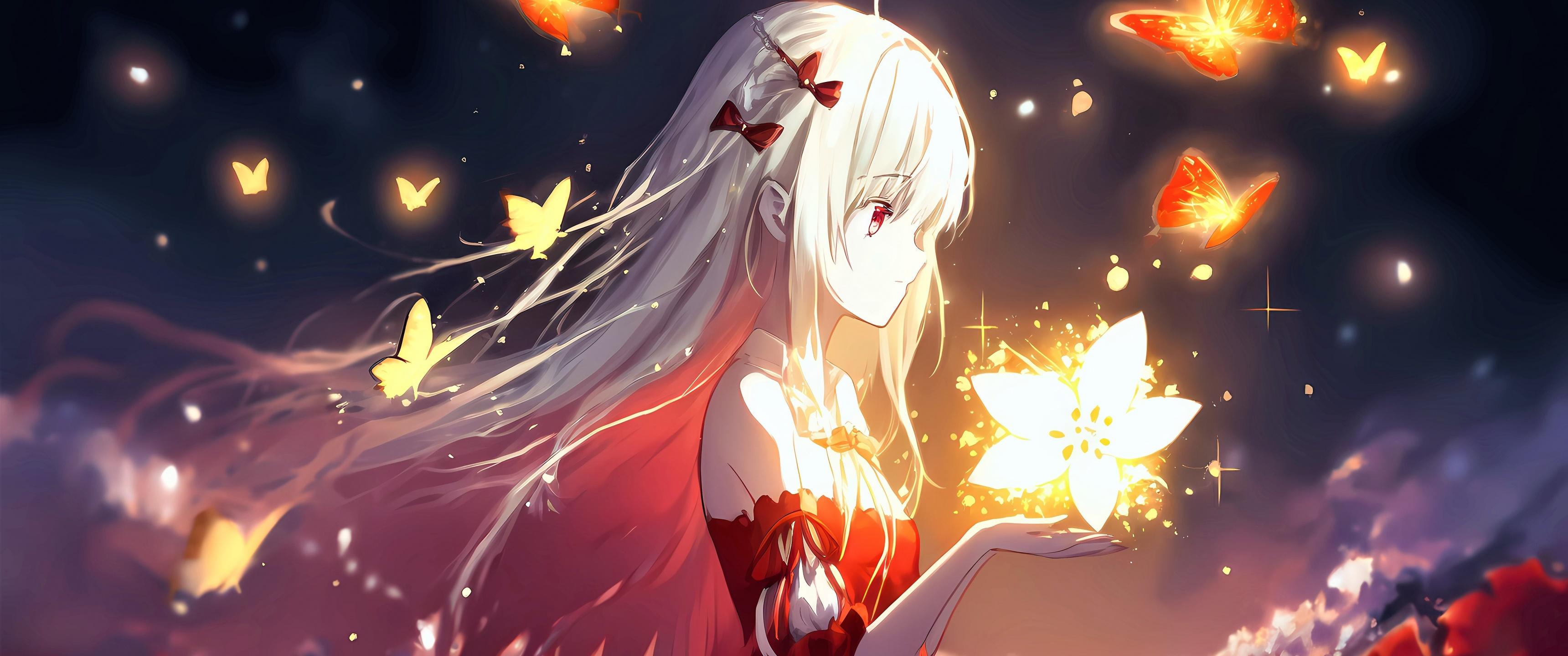 3440x1440 Anime girl Wallpaper 4K, 5K, Butterflies, Surreal