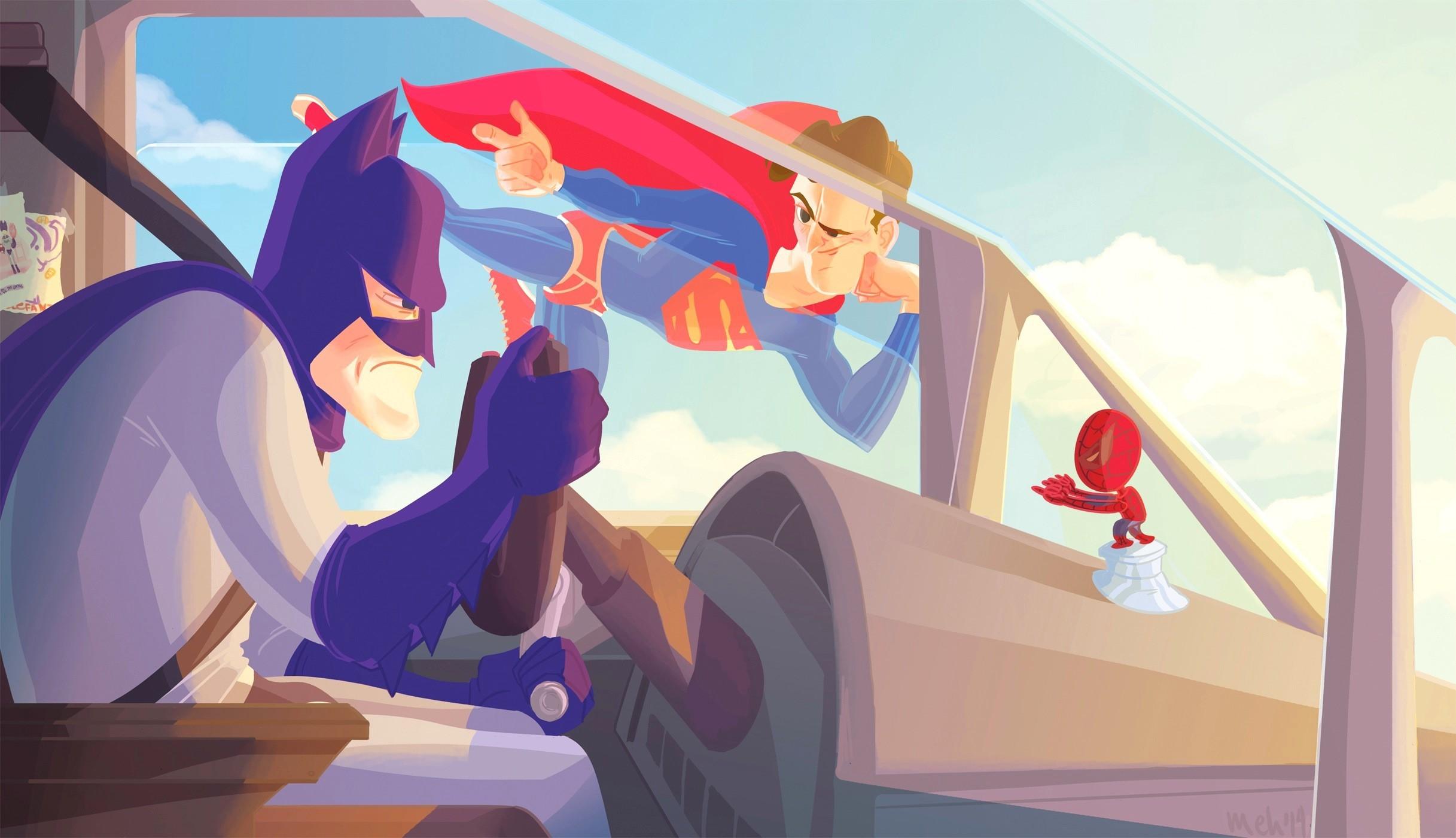 2434x1400 Wallpaper / spiderman, batman, superman, hd, superheroes, artwork, digital art, behance free download