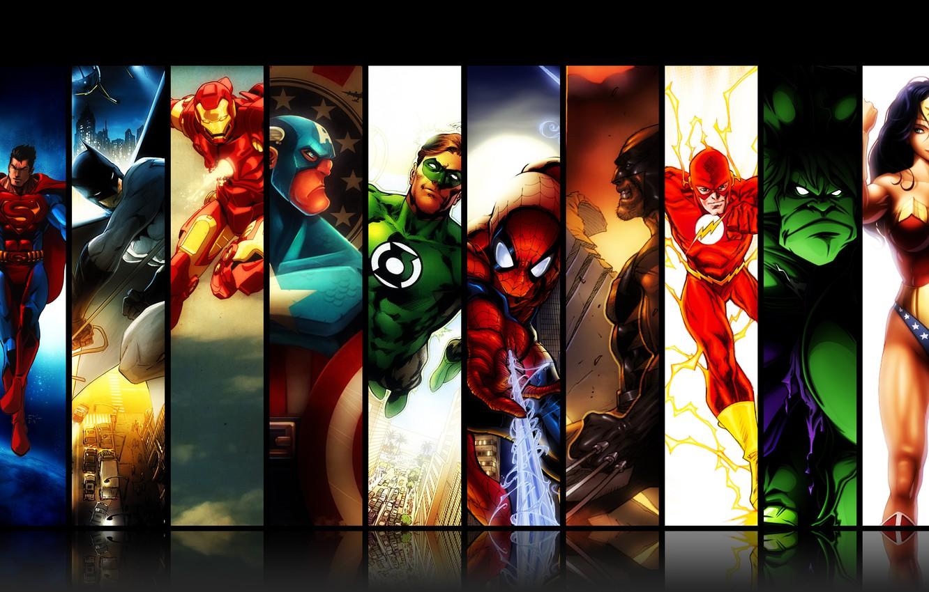 1332x850 Wallpaper Wonder Woman, Hulk, Batman, Wolverine, Iron Man, Green Lantern, Captain America, Superman, superheroes, Marvel Comics, DC Comics, Spiderman, Flash image for desktop, section фантастика