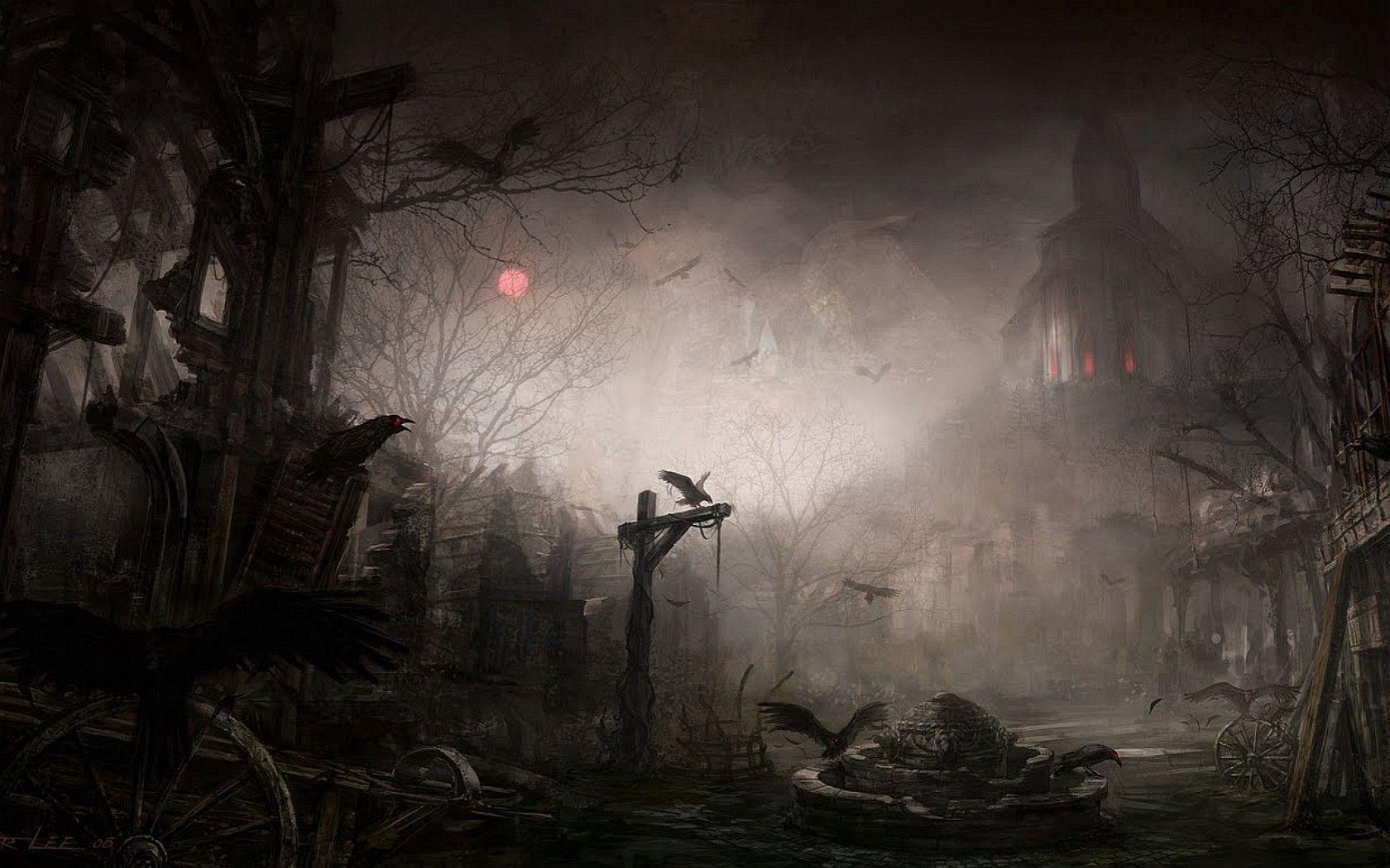 1680x1050 Gothic Fantasy City Raven Dark Fantasy Horror Fantasy Art Wallpaper:1680x1050