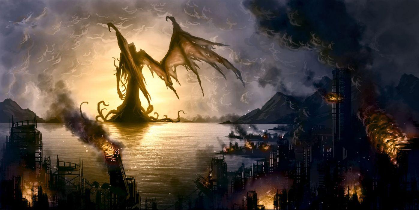 1397x700 Cthulhu fantasy art monster apocalyptic destruction dark horror wallpaperx1237