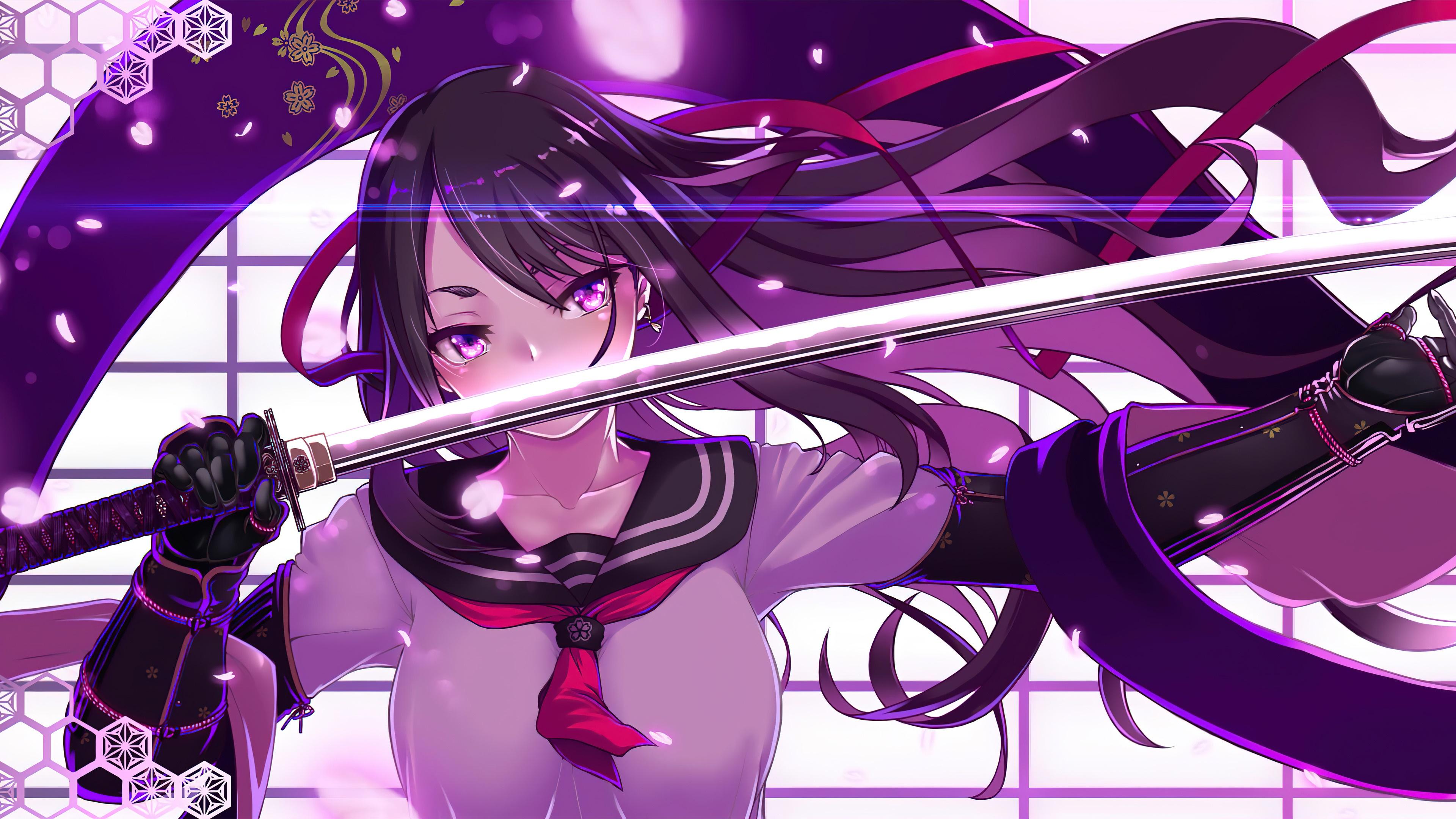 3840x2160 wallpaper, anime, girl, katana, school, uniform, student, 4k, HD Gallery HD Wallpaper