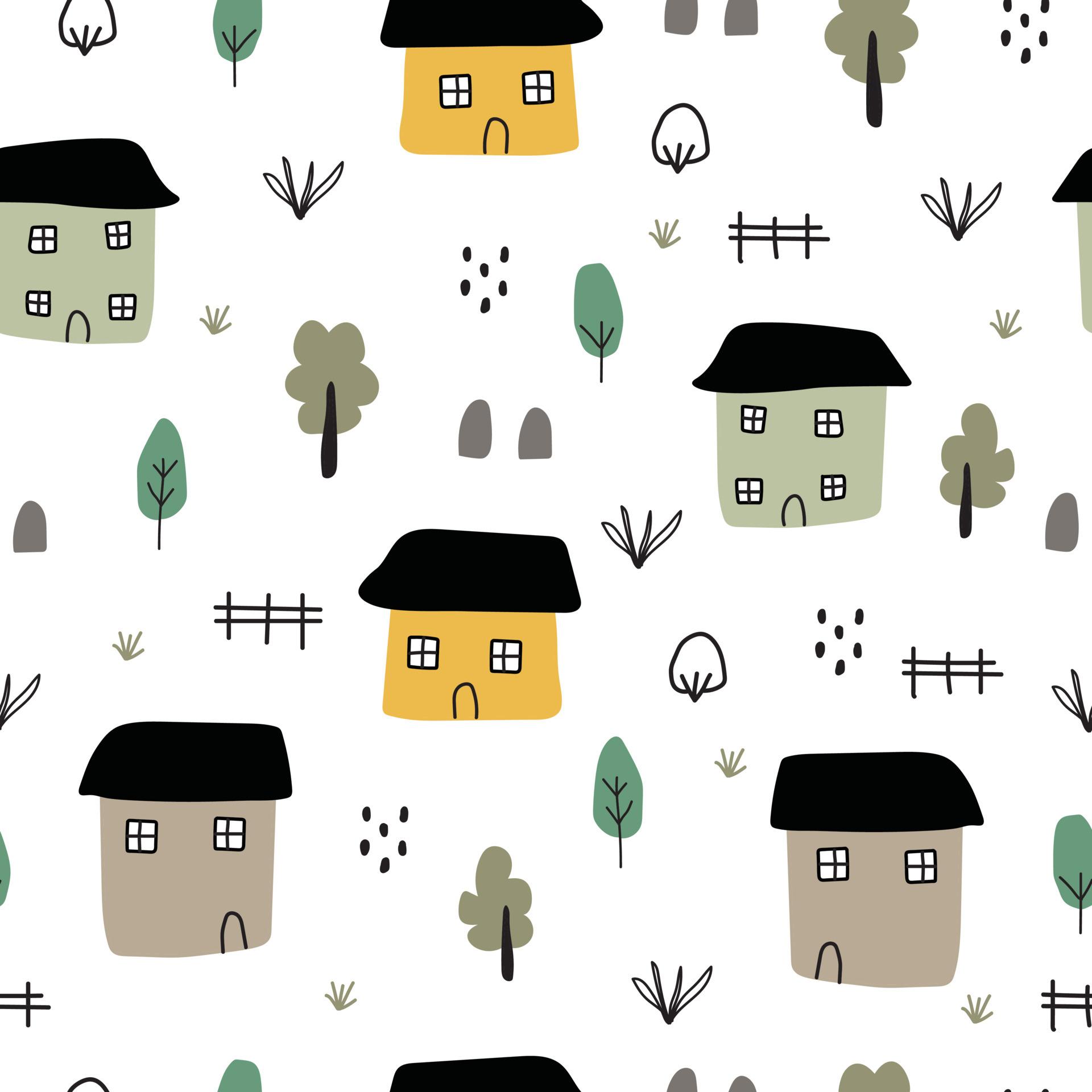 1920x1920 Rural village background seamless pattern with houses and trees hand drawn design in cartoon style Creative for fabrics, wrapping, textiles, wallpaper, apparel. vector illustration