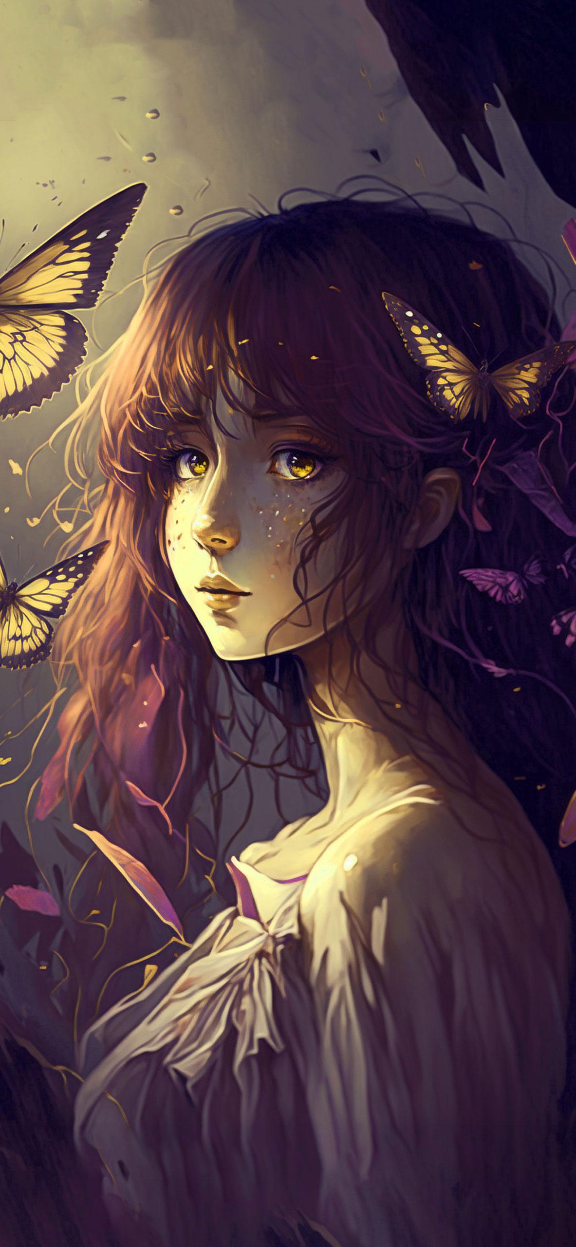 1183x2560 Anime Girl & Butterflies Aesthetic Wallpaper Girl Wallpaper