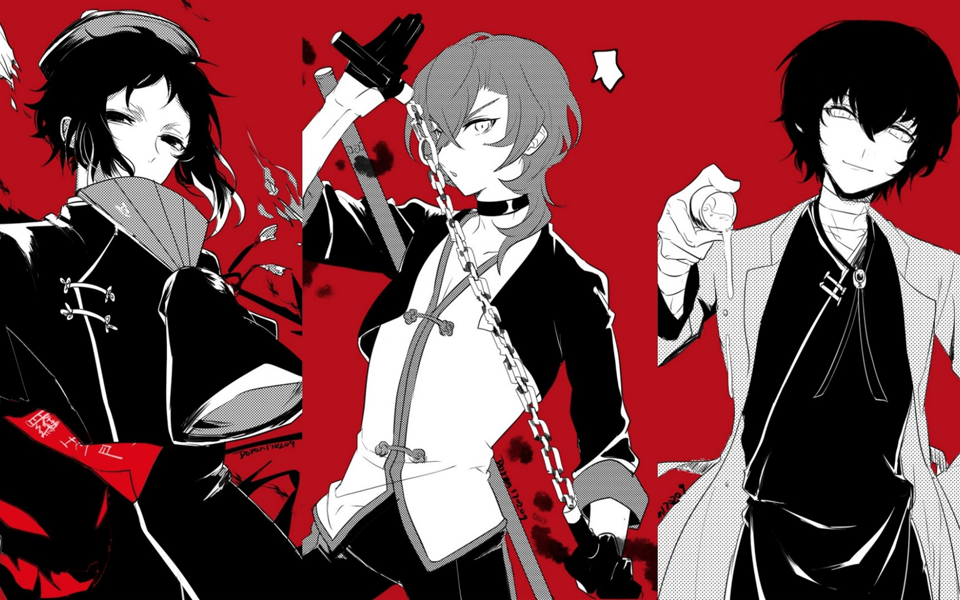 1920x1200 Download wallpaper Bungou Stray Dogs, Akiko Yosano, Osamu Dazai, Atsushi Nakajima, art, Japanese manga, anime characters, red background for desktop with resolution 1920x1200. High Quality HD picture wallpaper