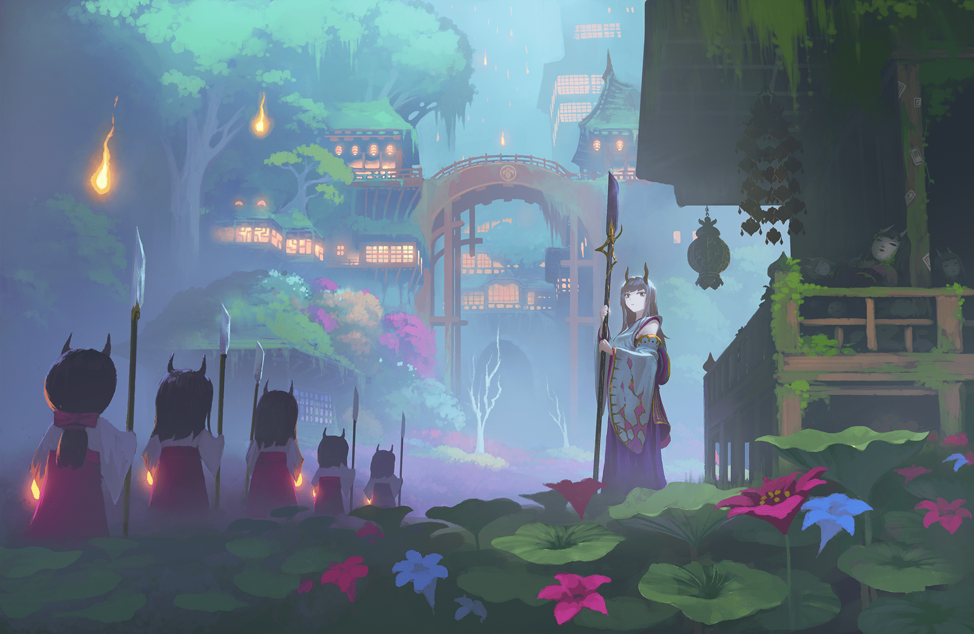 2000x1303 tree house, blue flowers, forest, artwork, anime Gallery HD Wallpaper