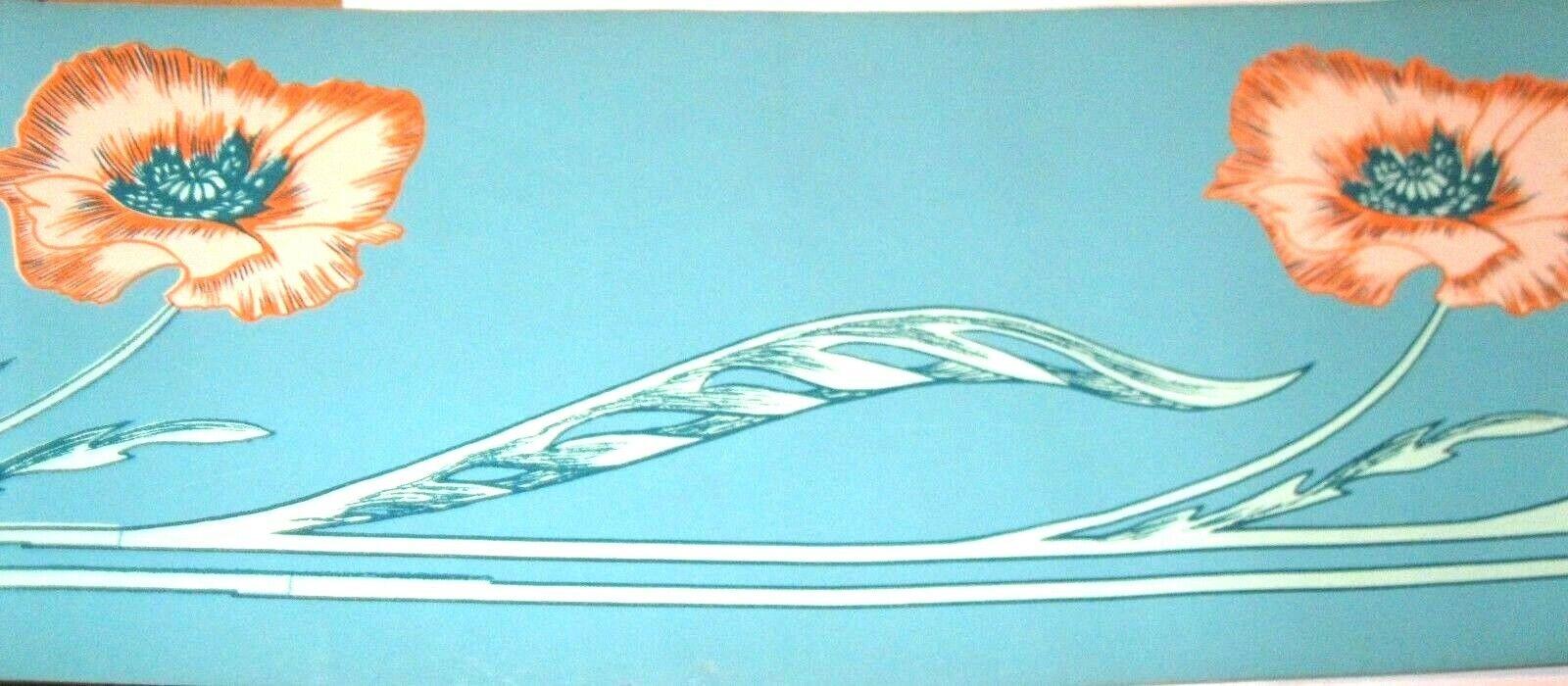 1600x700 Wallpaper Border Dramatic Orange Poppy Flower Teal Aqua Art Nouveau 530692 NEW 91212000001