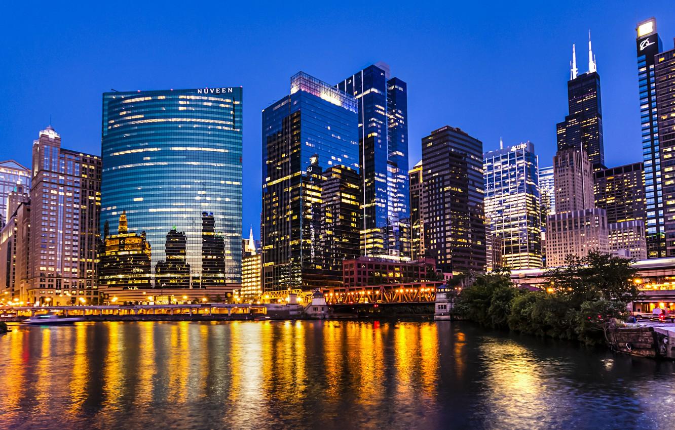 1332x850 Wallpaper light, the city, lights, reflection, river, coast, building, skyscrapers, the evening, Chicago, USA, USA, Il, Chicago, Illinois, skyscrapers image for desktop, section город