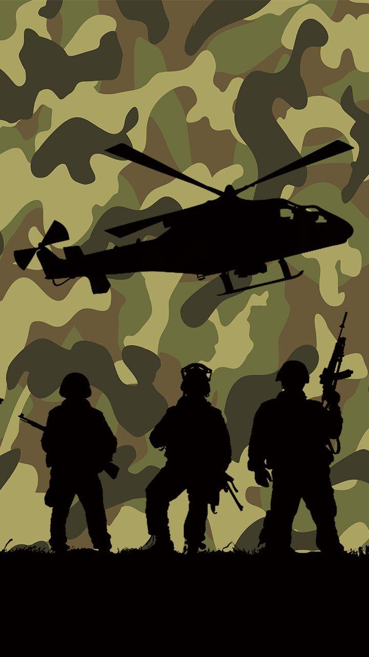 720x1280 Military camouflage wallpaper with helicopter and soldier silhouette