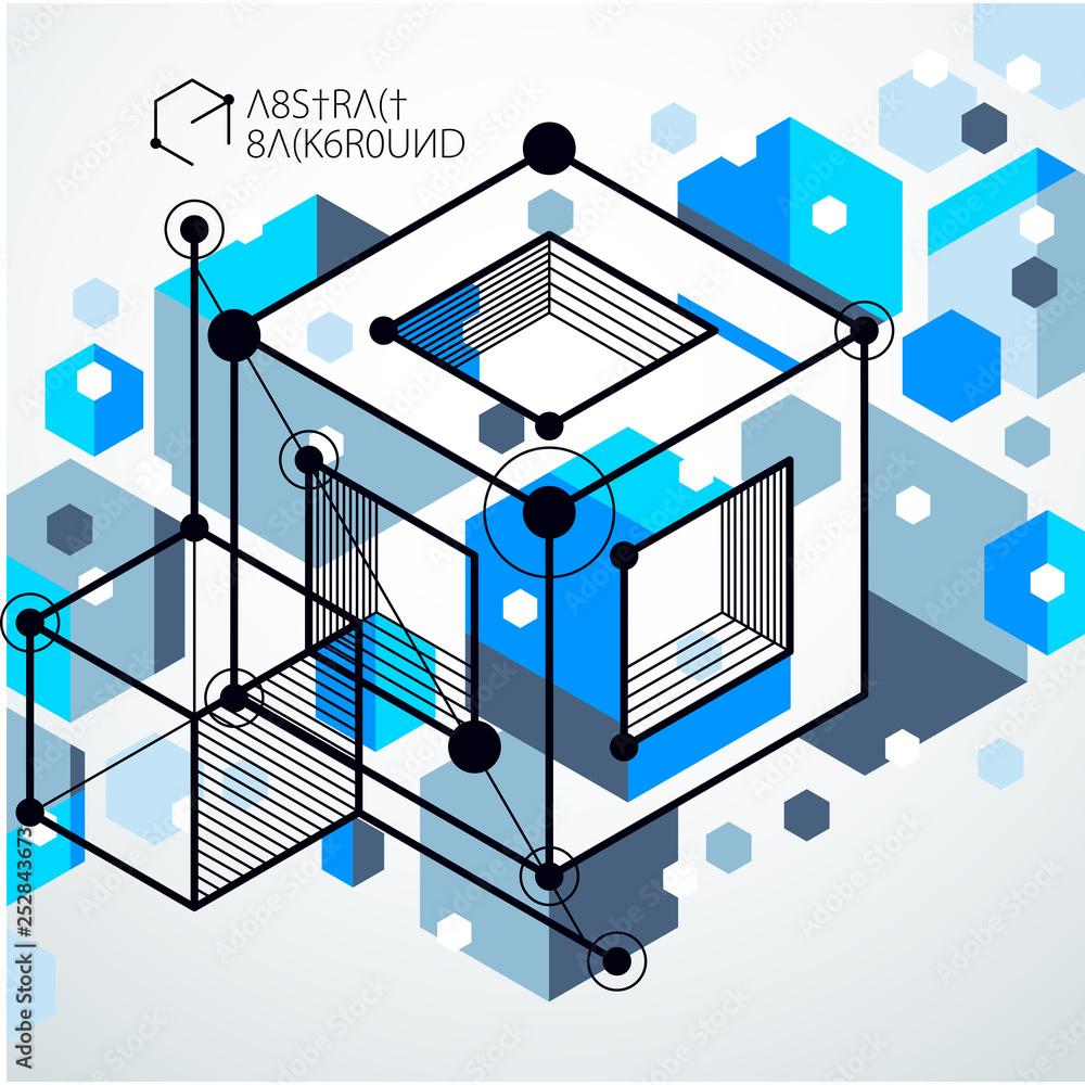 1000x1000 Engineering technological blue vector 3D wallpaper made with cubes and lines. Illustration of engineering system, abstract technological backdrop. Abstract technical background. Stock Vector