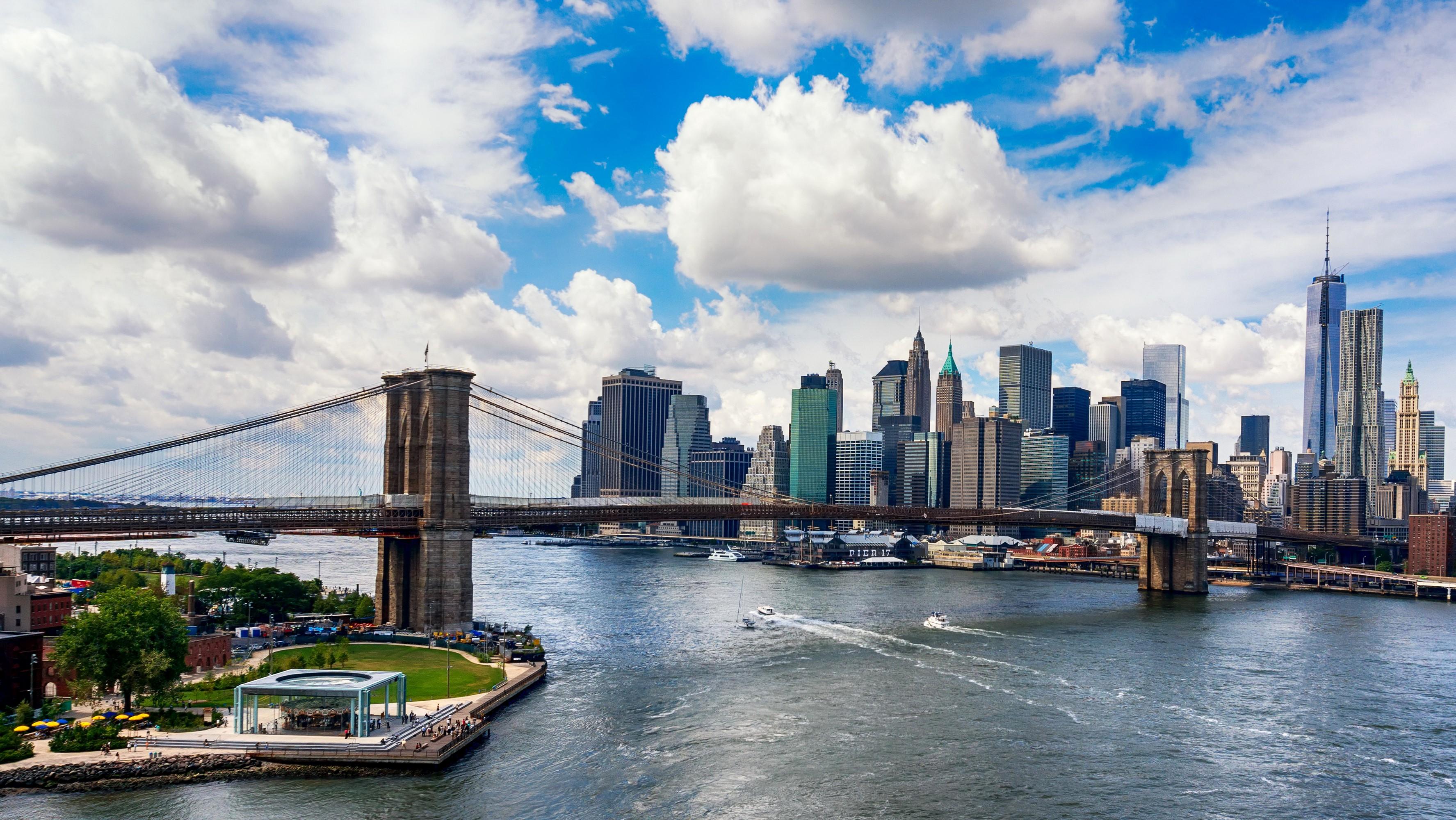 3550x2000 Brooklyn Bridge, USA, Houses, Rivers, Bridges, New York City, Clouds Gallery HD Wallpaper
