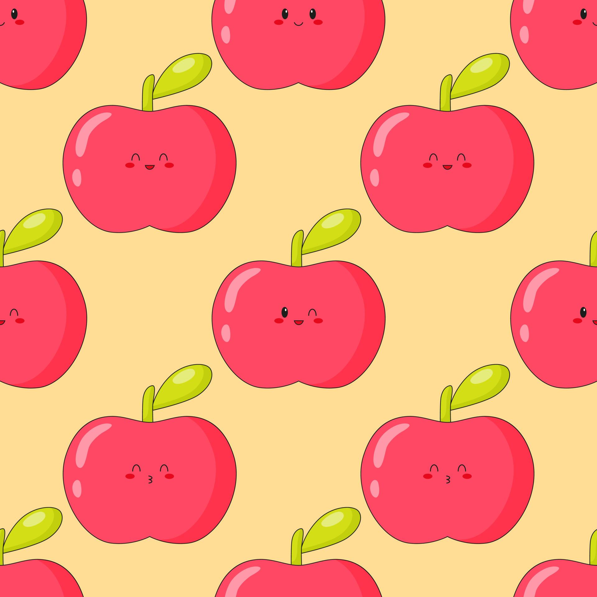 1920x1920 Seamless pattern of cute kawaii apple. Fruit print with different emotions of apple. Flat vector illustration