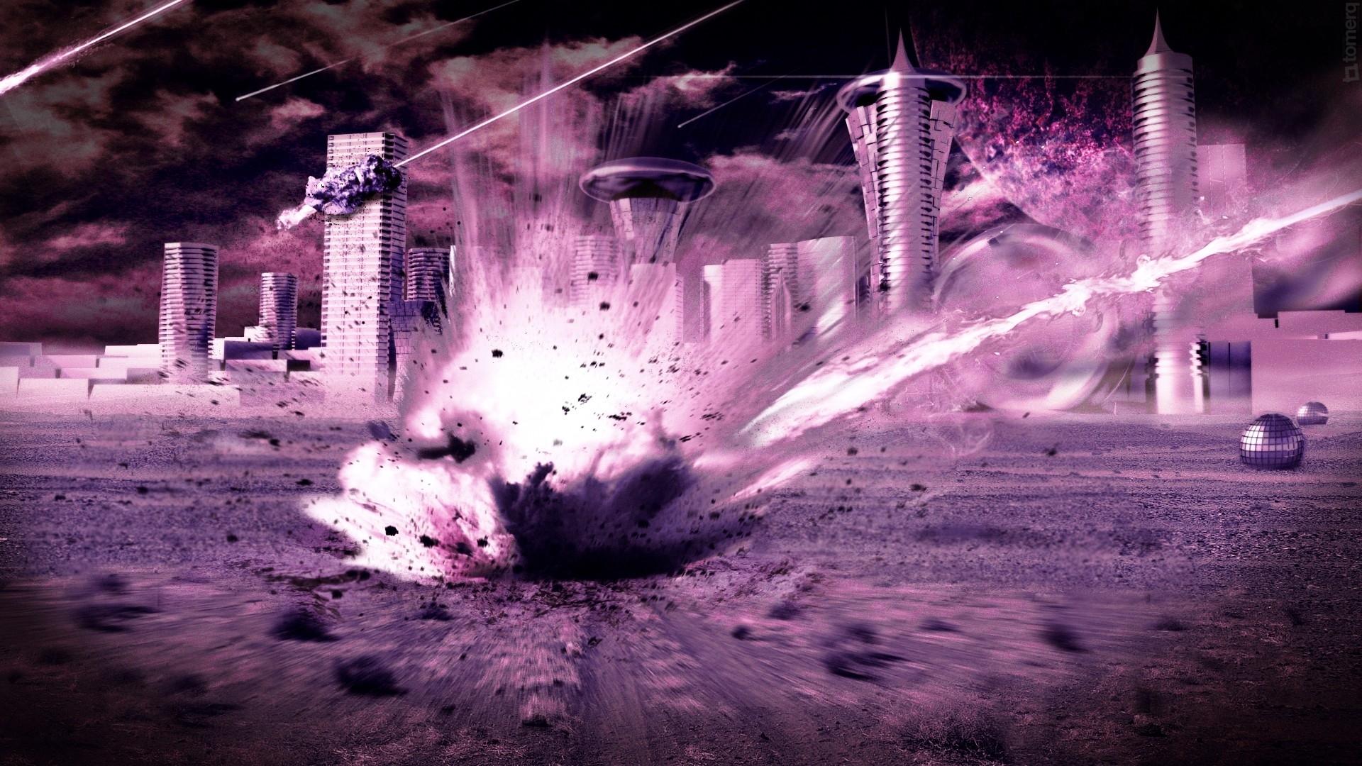 1920x1080 Outer space futuristic explosions purple impact meteorite cities meteor apocalyptic explosion wallpaperx1080