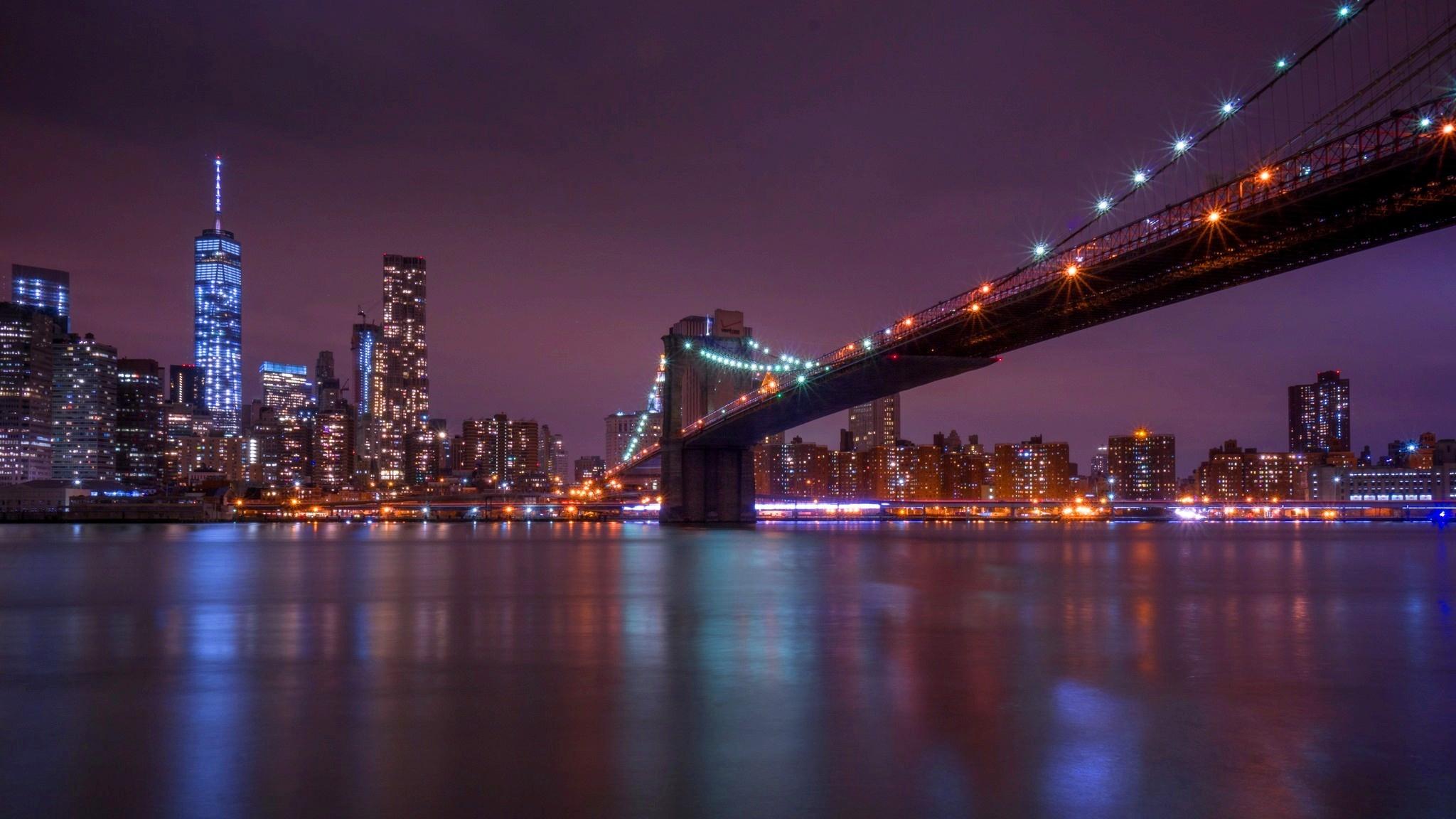 2048x1152 Wallpaper Bridge Over Water During Night Time, Background Free Image