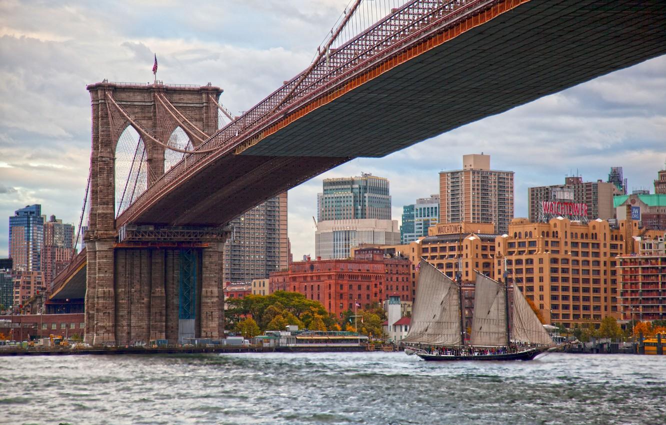 1332x850 Wallpaper bridge, Strait, building, sailboat, New York, Brooklyn bridge, Manhattan, Manhattan, New York City, Brooklyn Bridge, East River, East River image for desktop, section город