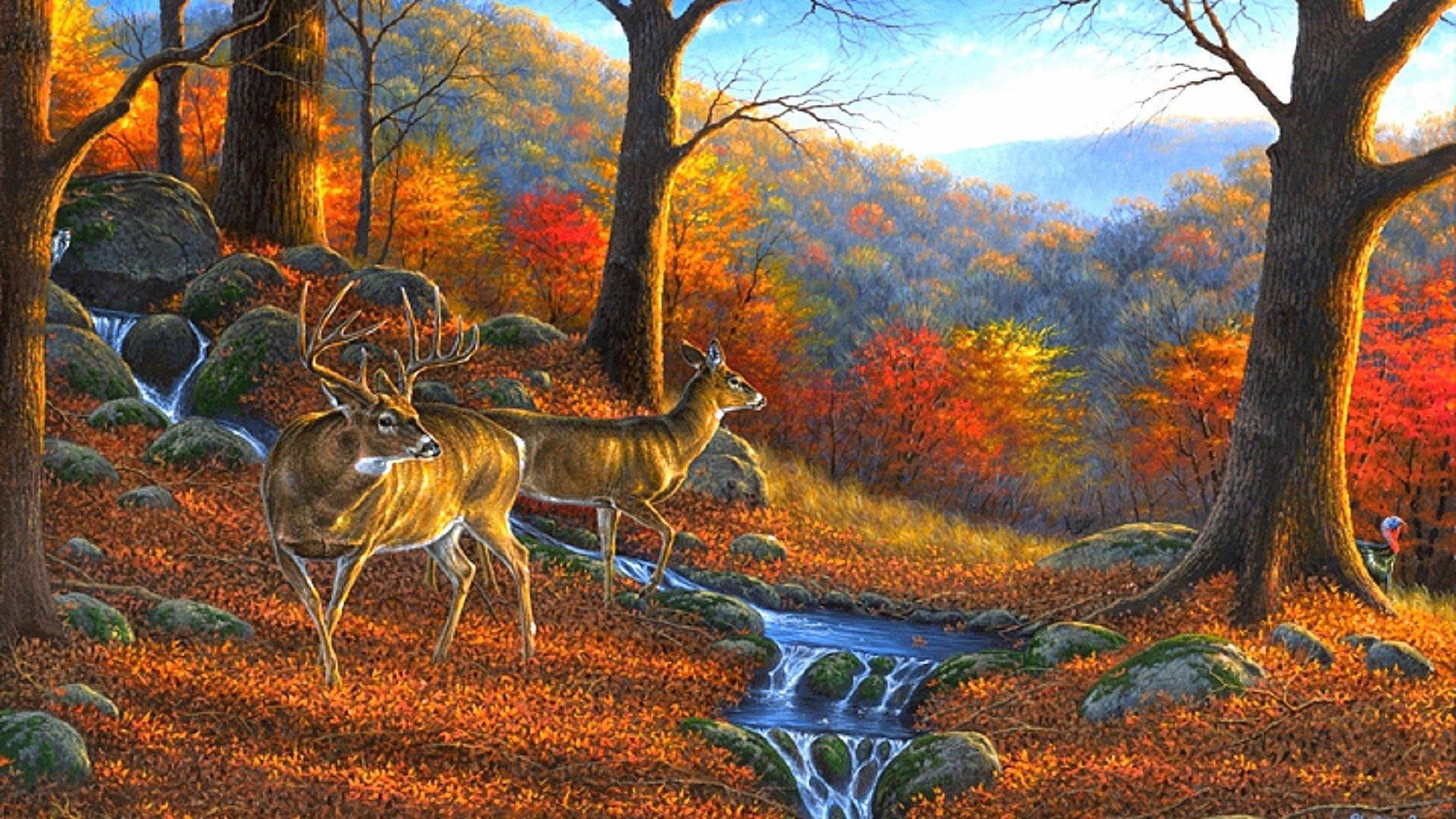 1920x1080 Download Fall Season Deer Painting Wallpaper