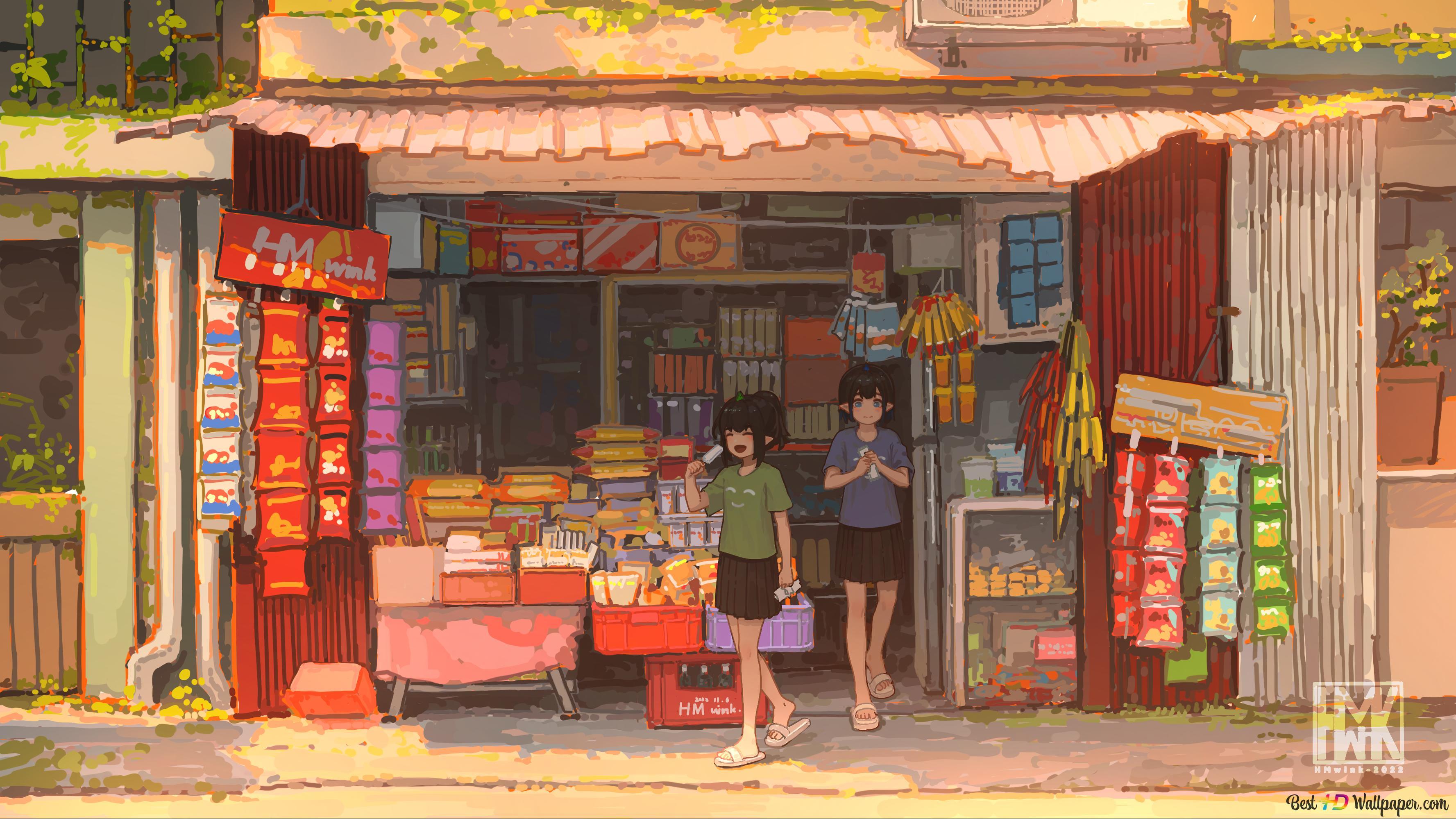 3554x1999 Artistic Anime girls at the Store 2K wallpaper download