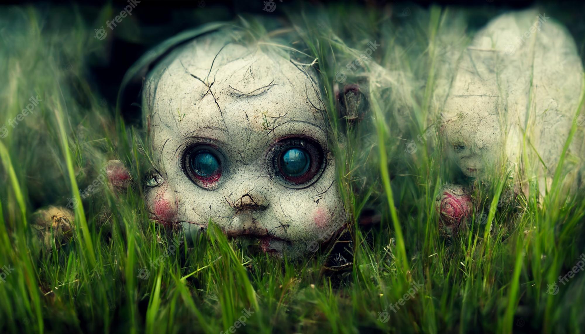 2000x1143 Premium Photo. Baby doll illustration with haunted house.3D illustration.use digital paint blurring techniques