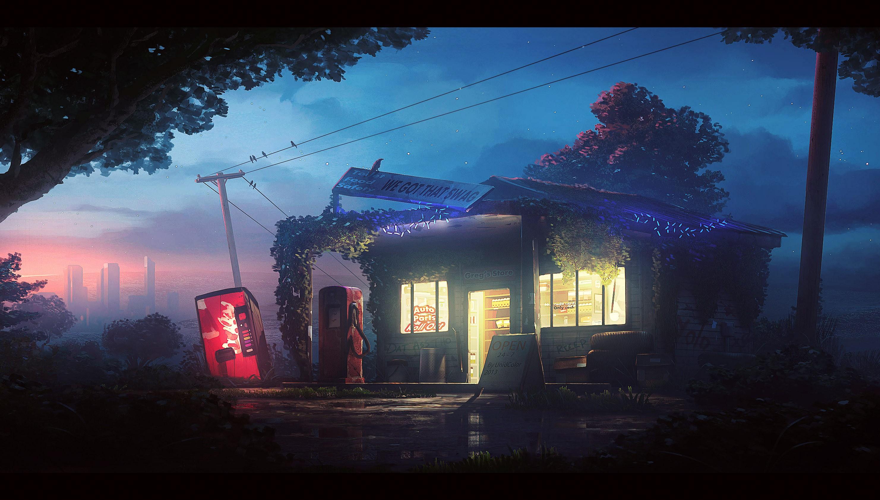 2963x1683 gas stations, night, anime Gallery HD Wallpaper