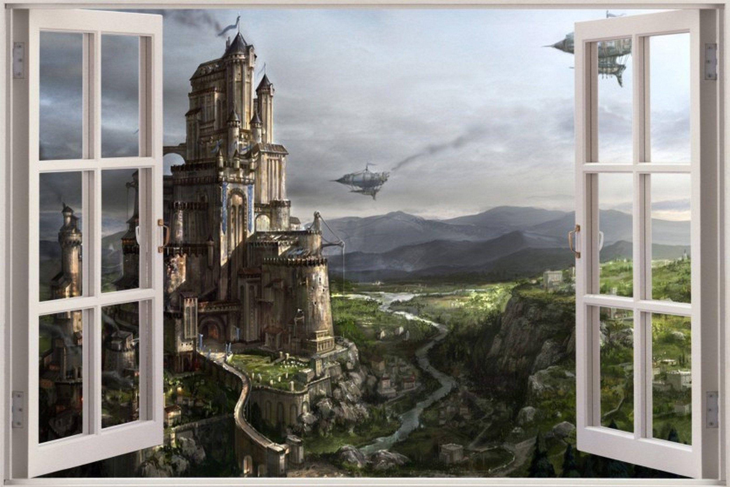 2500x1667 Huge 3D Window view Fantasy City Castle Wall Sticker Film Decal