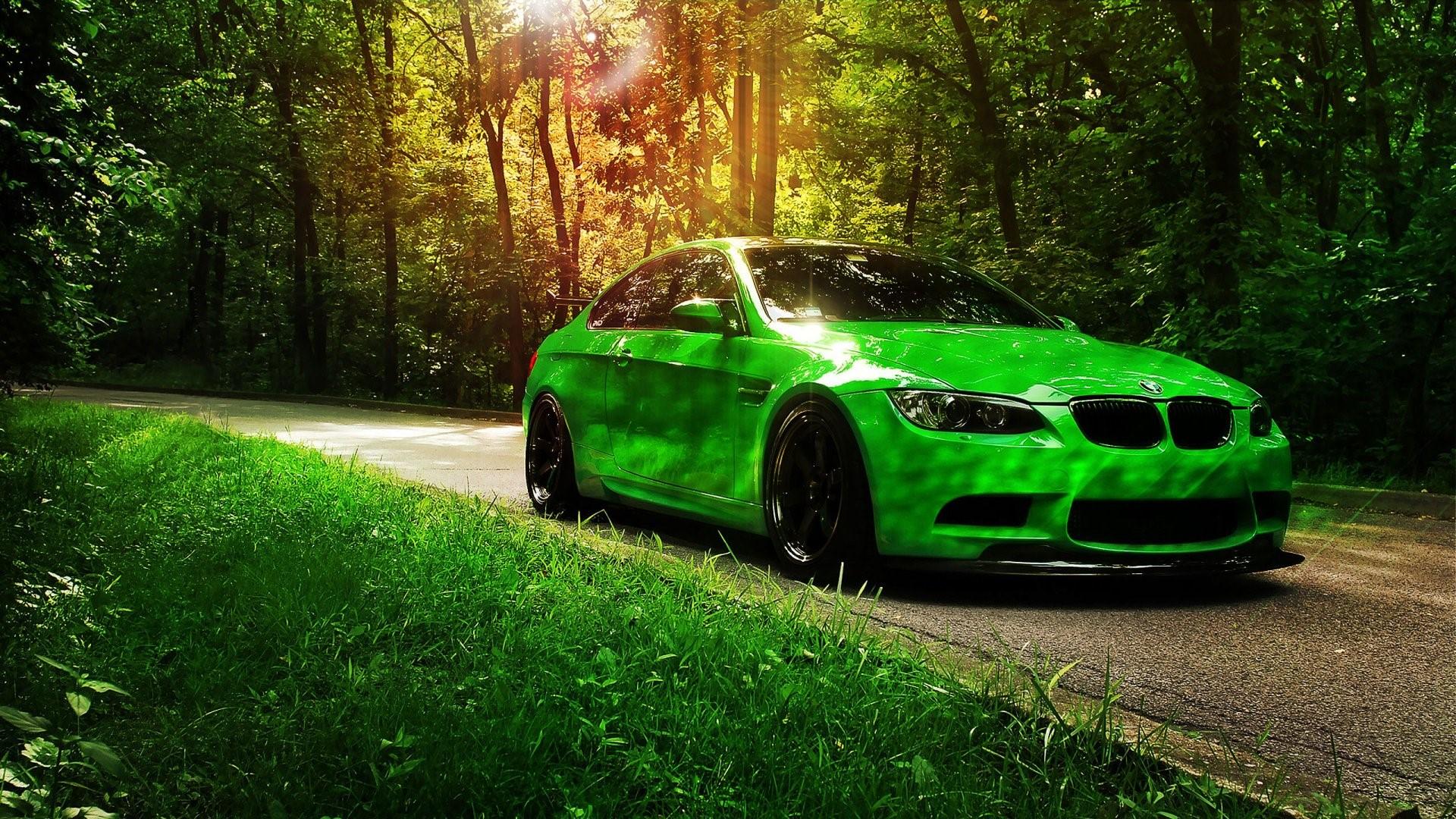 1920x1080 car, grass, Tuner Car, trees, wood, landscape, road, BMW M green, black Gallery HD Wallpaper