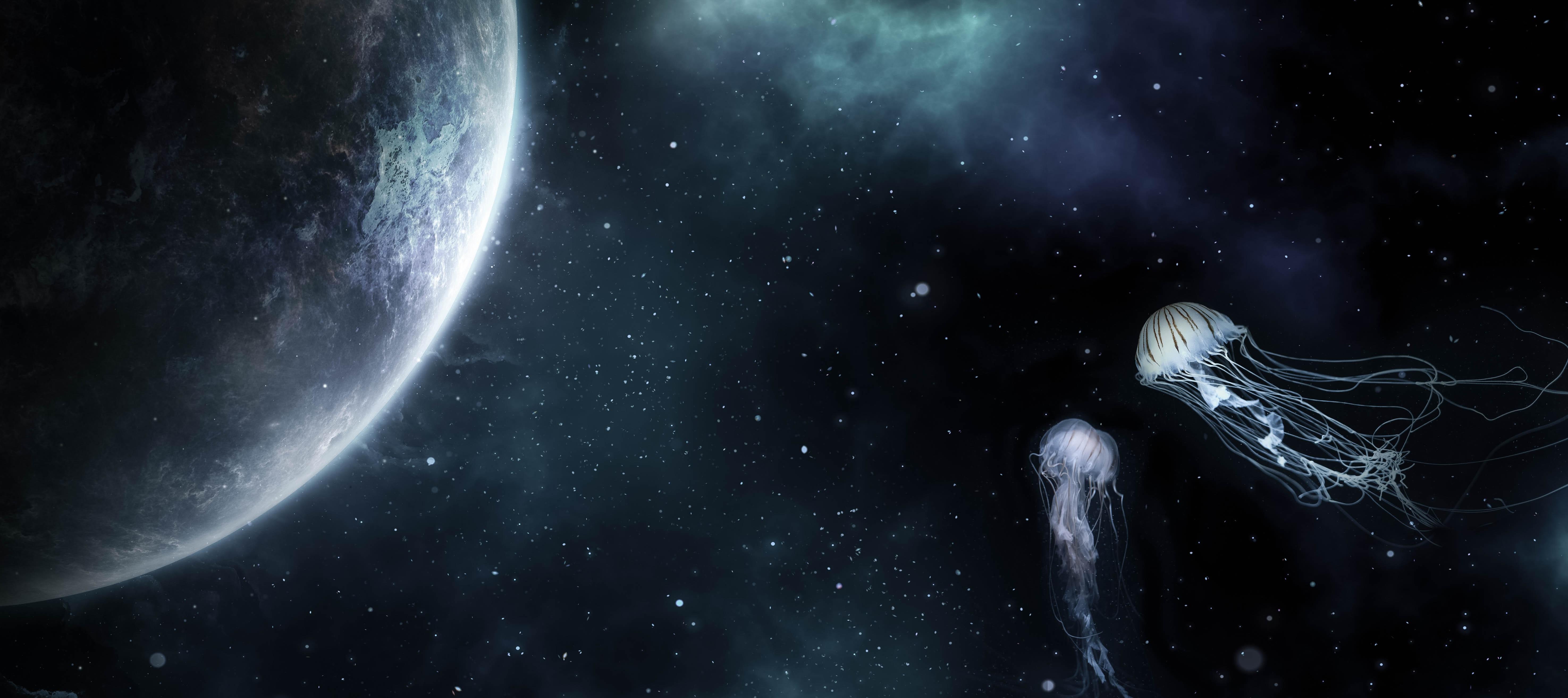 5900x2629 Jellyfish among the stars, Jellyfish, Planet Gallery HD Wallpaper