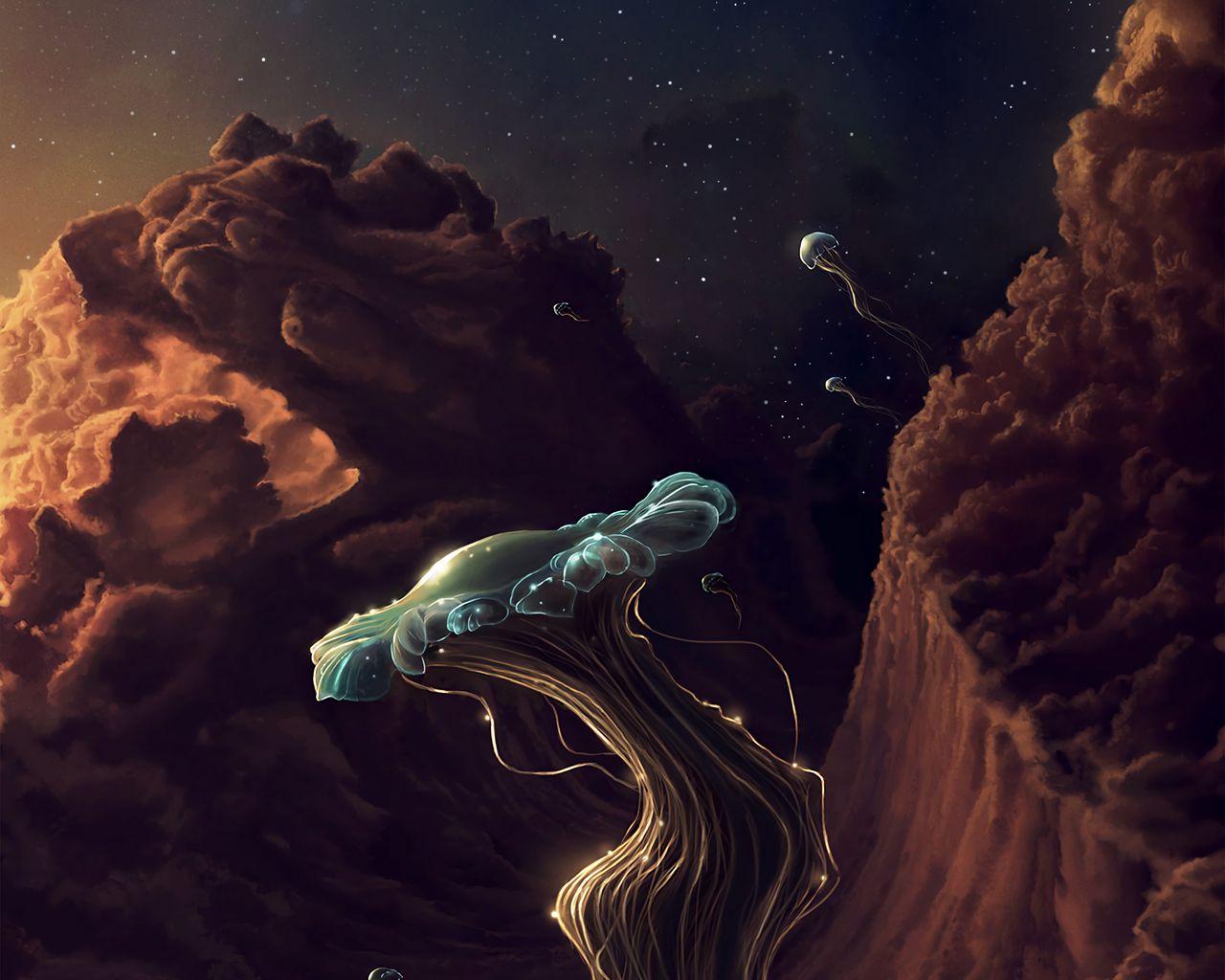 1280x1024 Download wallpaper 1280x1024 jellyfish, space, art, tentacles, fantasy standard 5:4 HD background