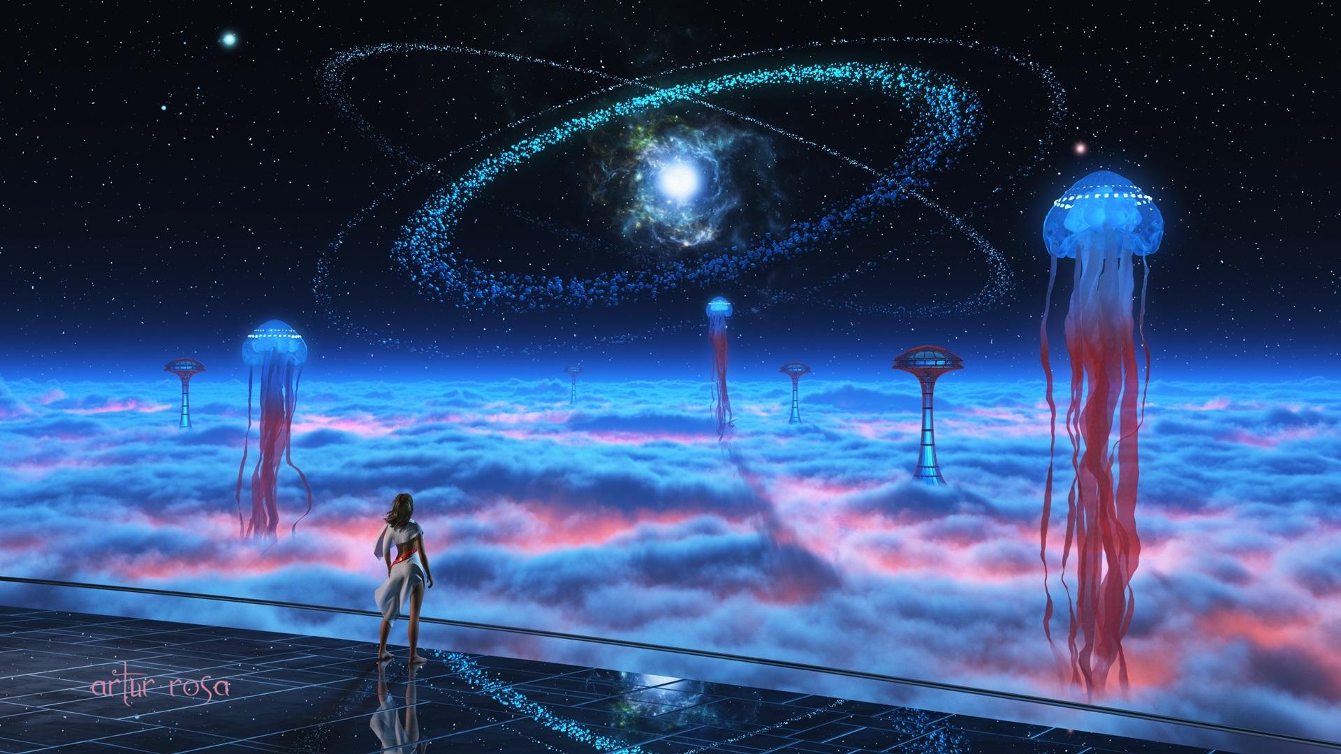 1920x1080 Wallpaper Fantasy, fiction, jellyfish, stars, girl, space, creative picture 1920x1080 Full HD 2K Picture, Image