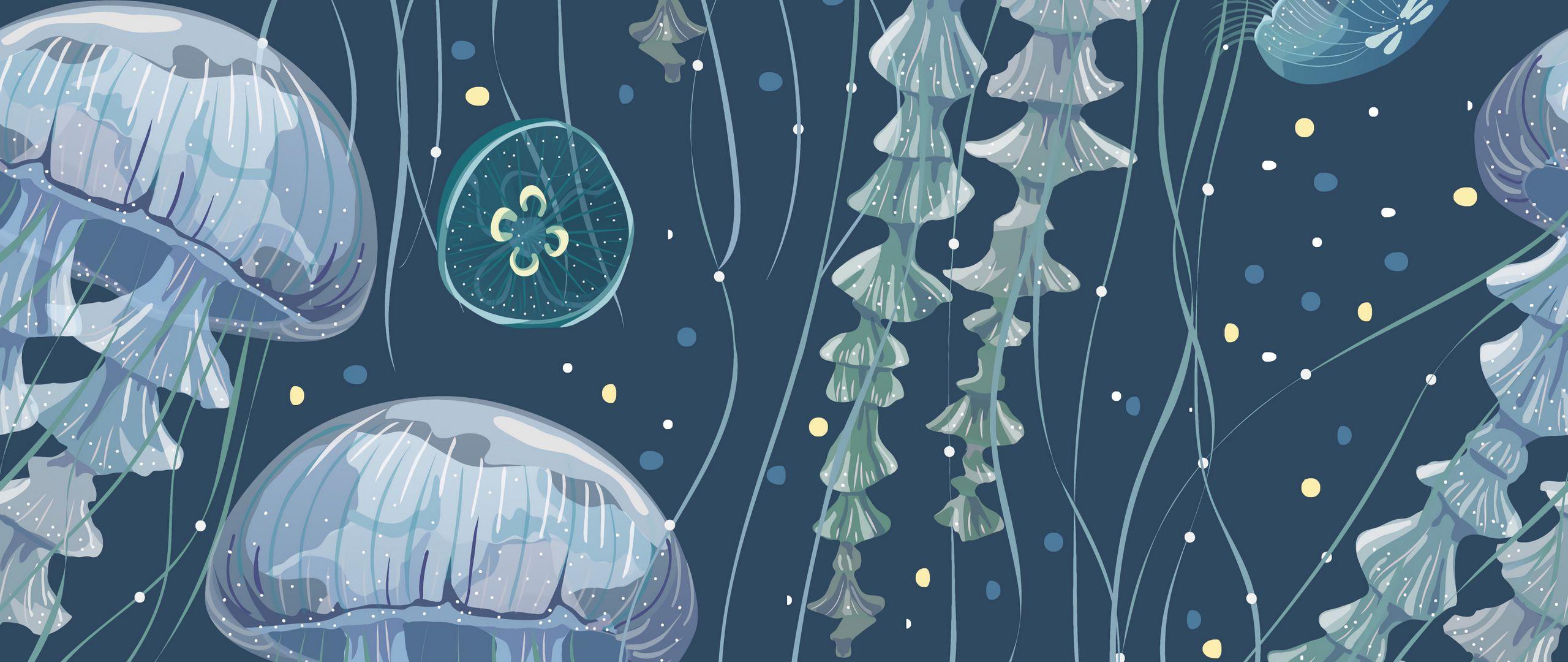 2560x1080 Download wallpaper 2560x1080 jellyfish, art, underwater world, tentacles, algae dual wide 1080p HD background