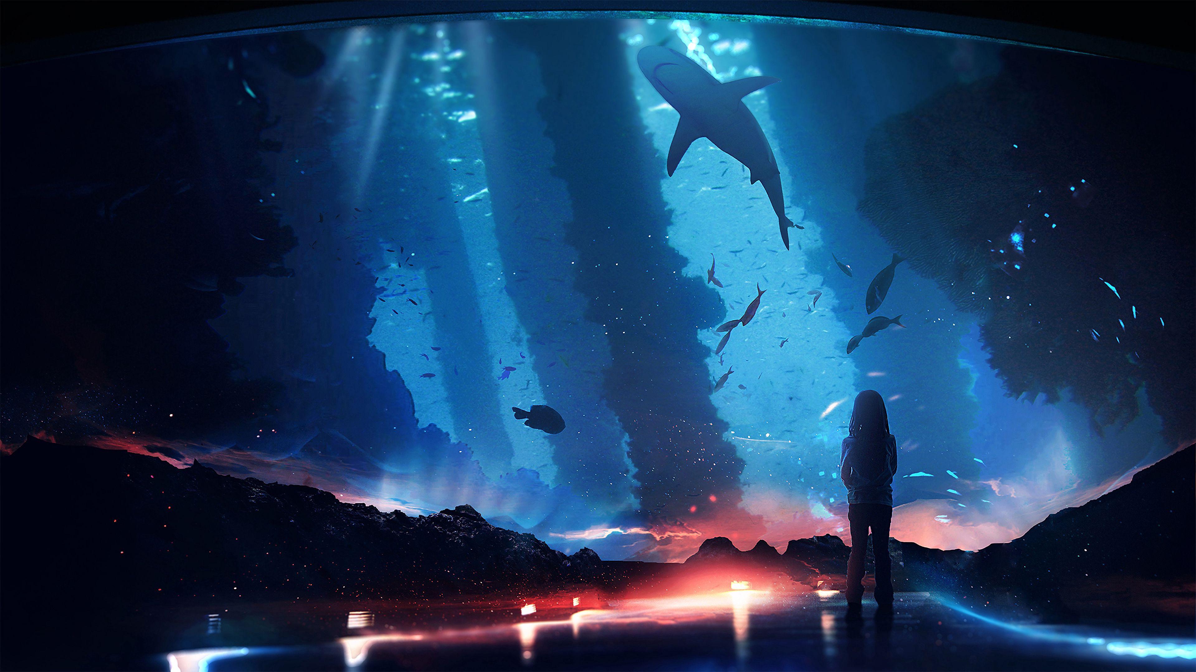 3840x2160 Wallpaper / silhouette, aquarium, fish, dark, backlight, 4k free download