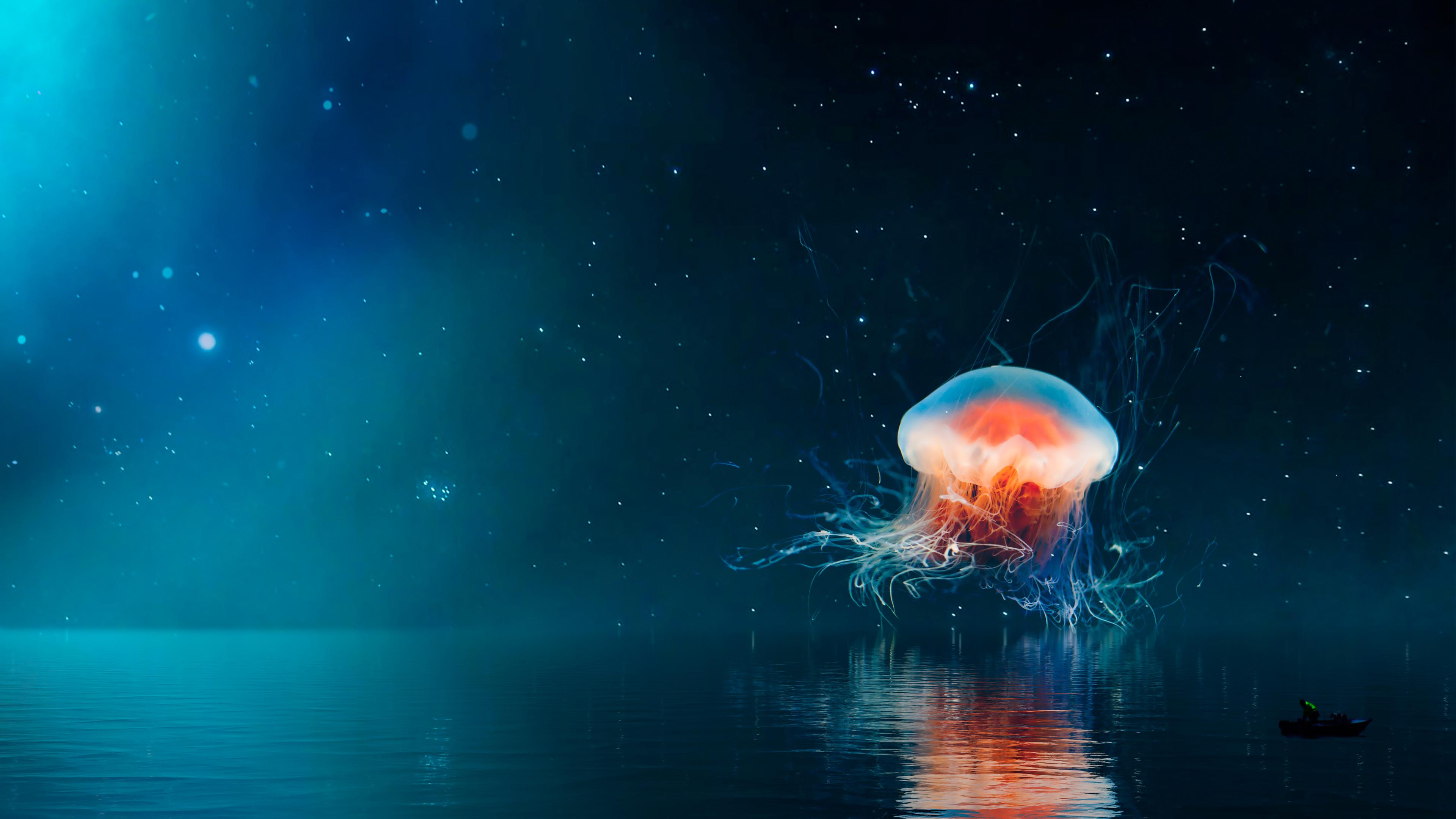 3840x2160 Download Jellyfish, Graphic arts, Art, Sea, Night Wallpaper in 3840x2160 Resolution