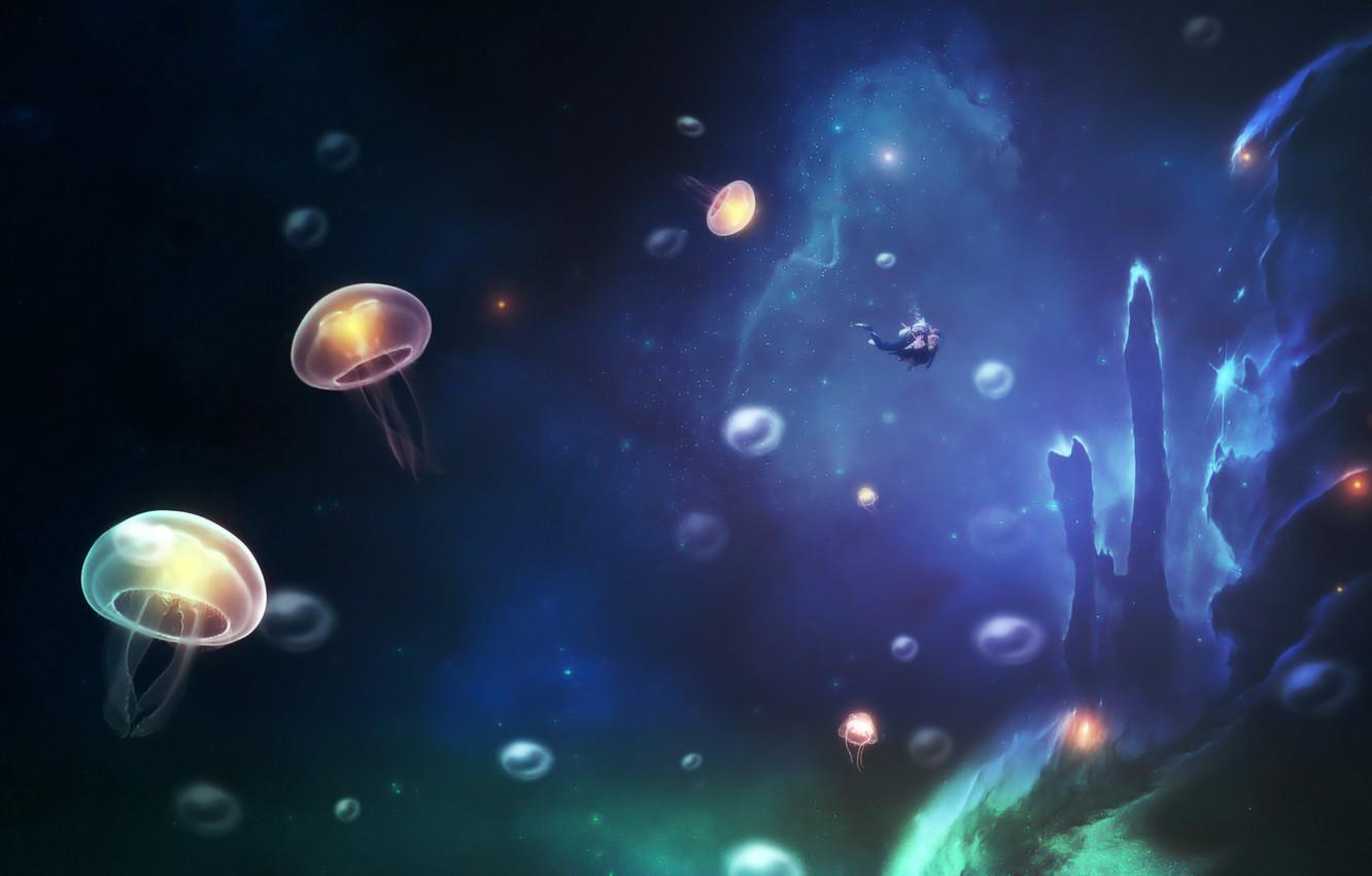 1332x850 Wallpaper sea, people, mask, the diver, jellyfish, scuba image for desktop, section рендеринг