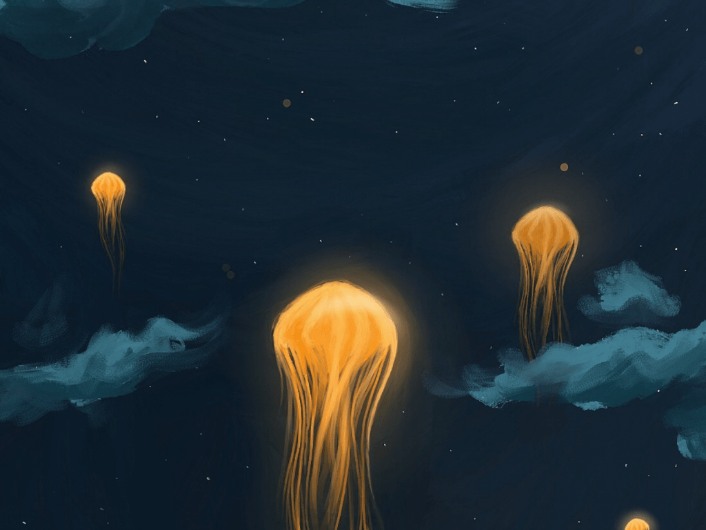 1024x768 Wallpaper jellyfish, lanterns, flight, clouds, night desktop wallpaper, HD image, picture, background, f21ac0