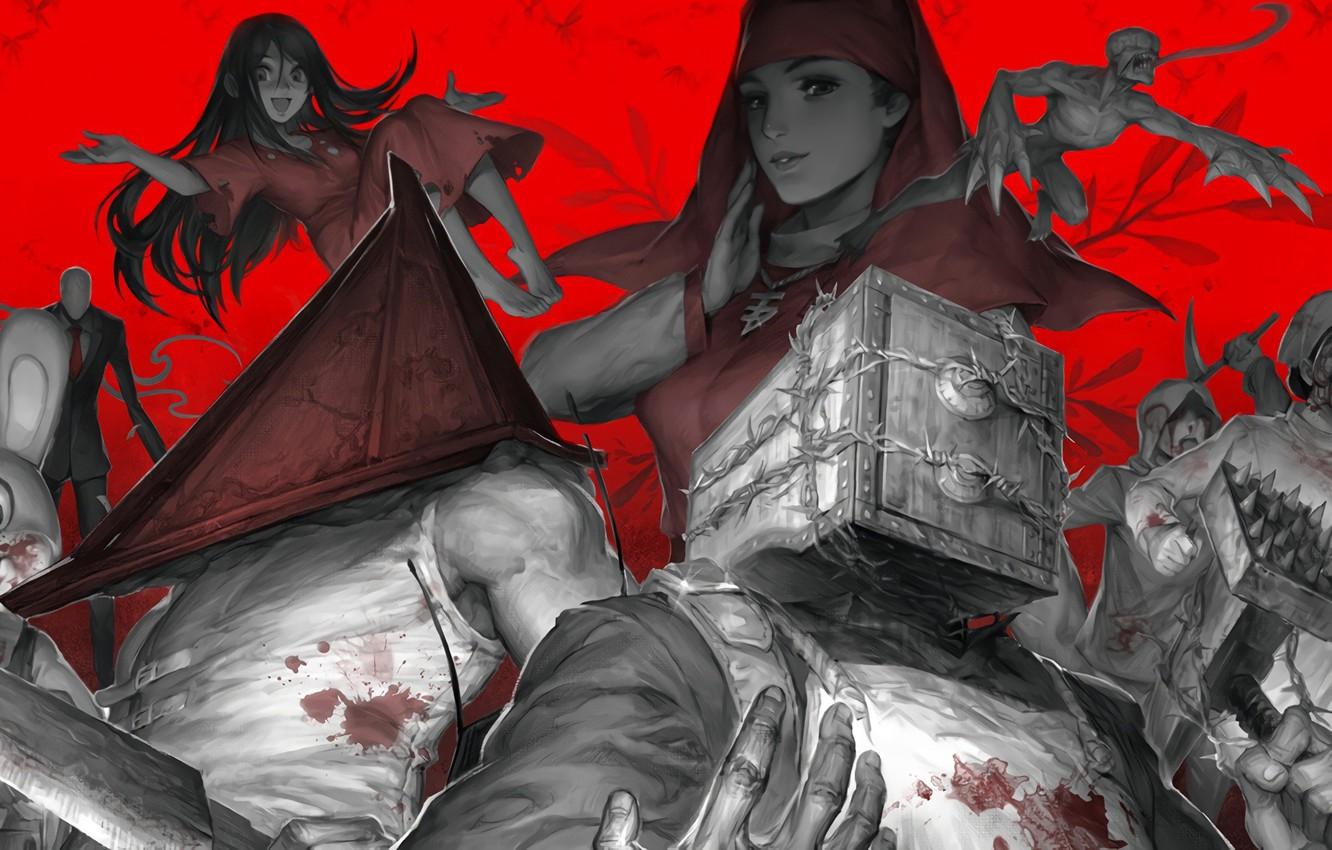 1332x850 Wallpaper red, blood, club, Resident Evil, assasin, machete, monsters, Silent Hill, Biohazard, hood, Slenderman, barbed wire, sickle, The Evil Within, Pyramid Head, hitokiri image for desktop, section игры