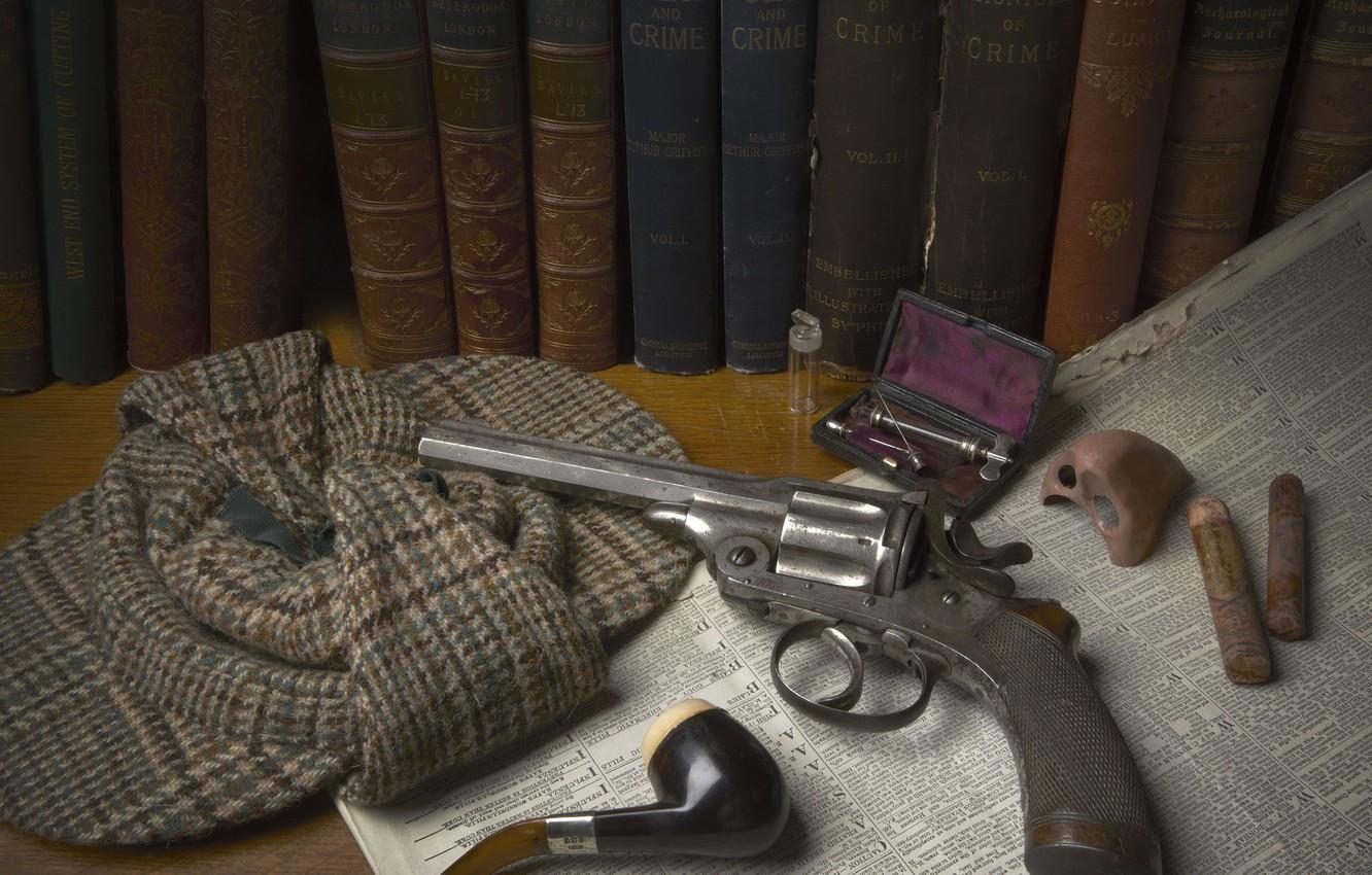 1332x850 Wallpaper gun, weapon, hat, police, Colt, paper, revolver, books, nose, Sherlock Holmes, mystery, tobacco, cigars, pipe, disguise, chronicles image for desktop, section оружие