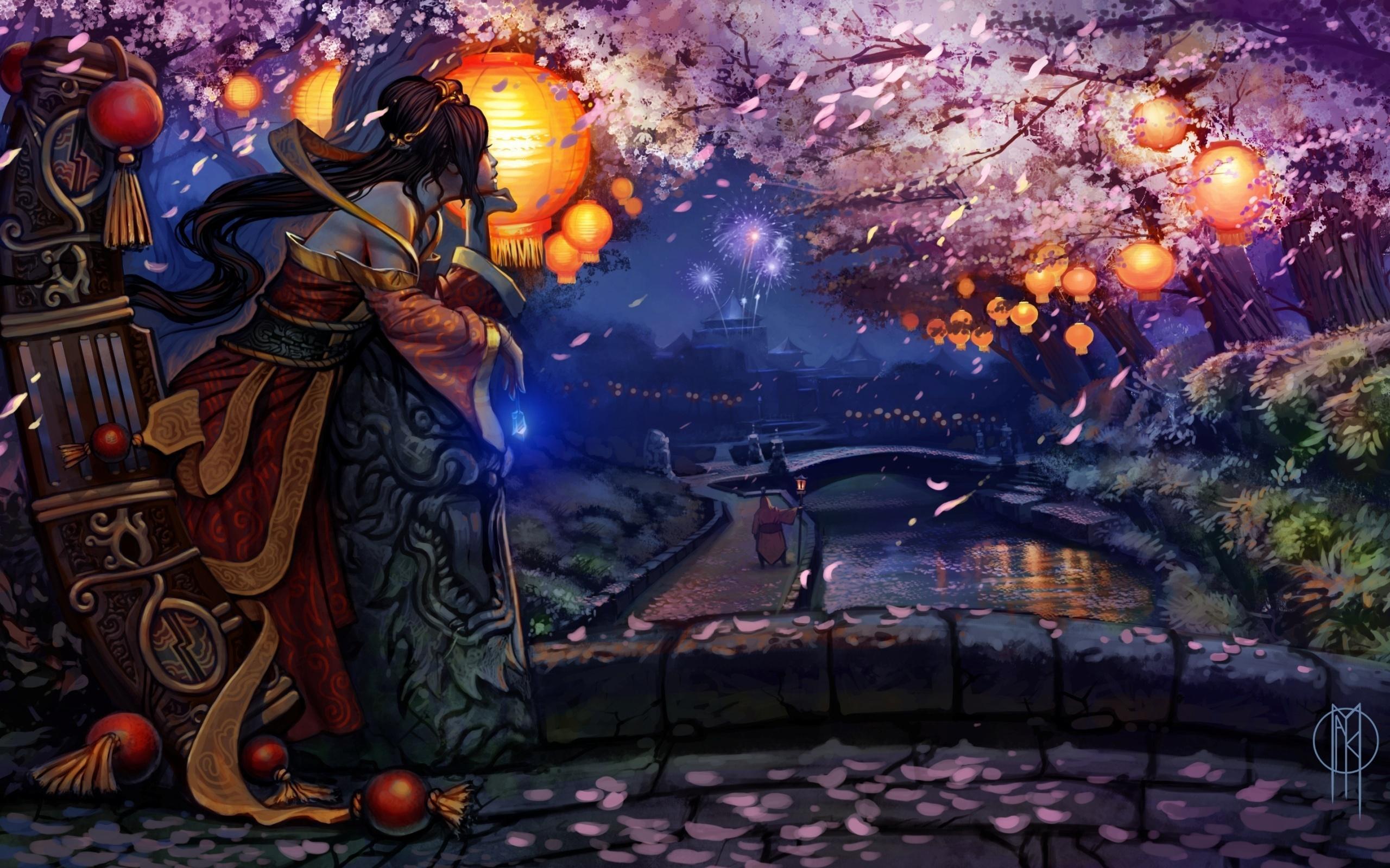 2560x1600 League Legends Girl Kimono Bridge Cherry Blossom Flashlights Fantasy