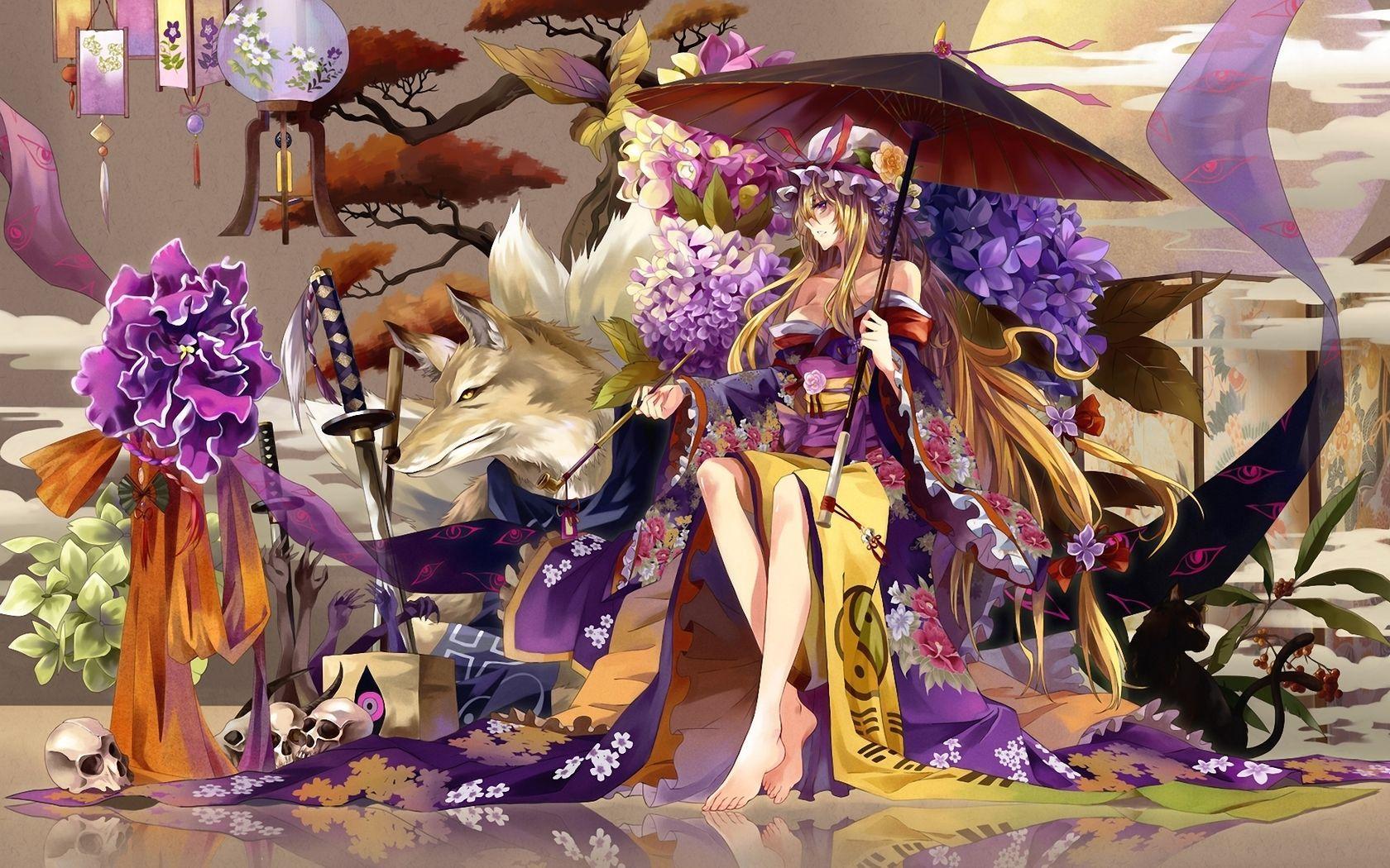 1680x1050 Download wallpaper girl, wolf, umbrella, kimono free desktop