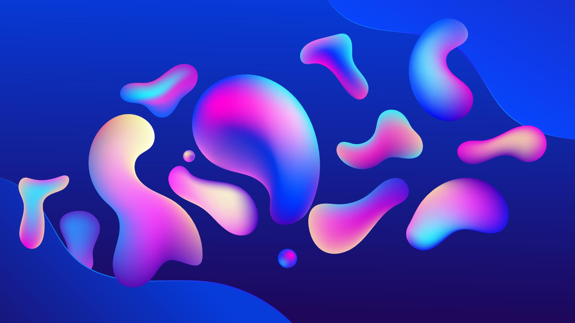1920x1080 Liquid flow purple, blue 3D neon lava lamp vector geometric background for banner, card, UI design or wallpaper. Gradient mesh bubble in the shape of a wave drop. Fluid colorful abstract shapes