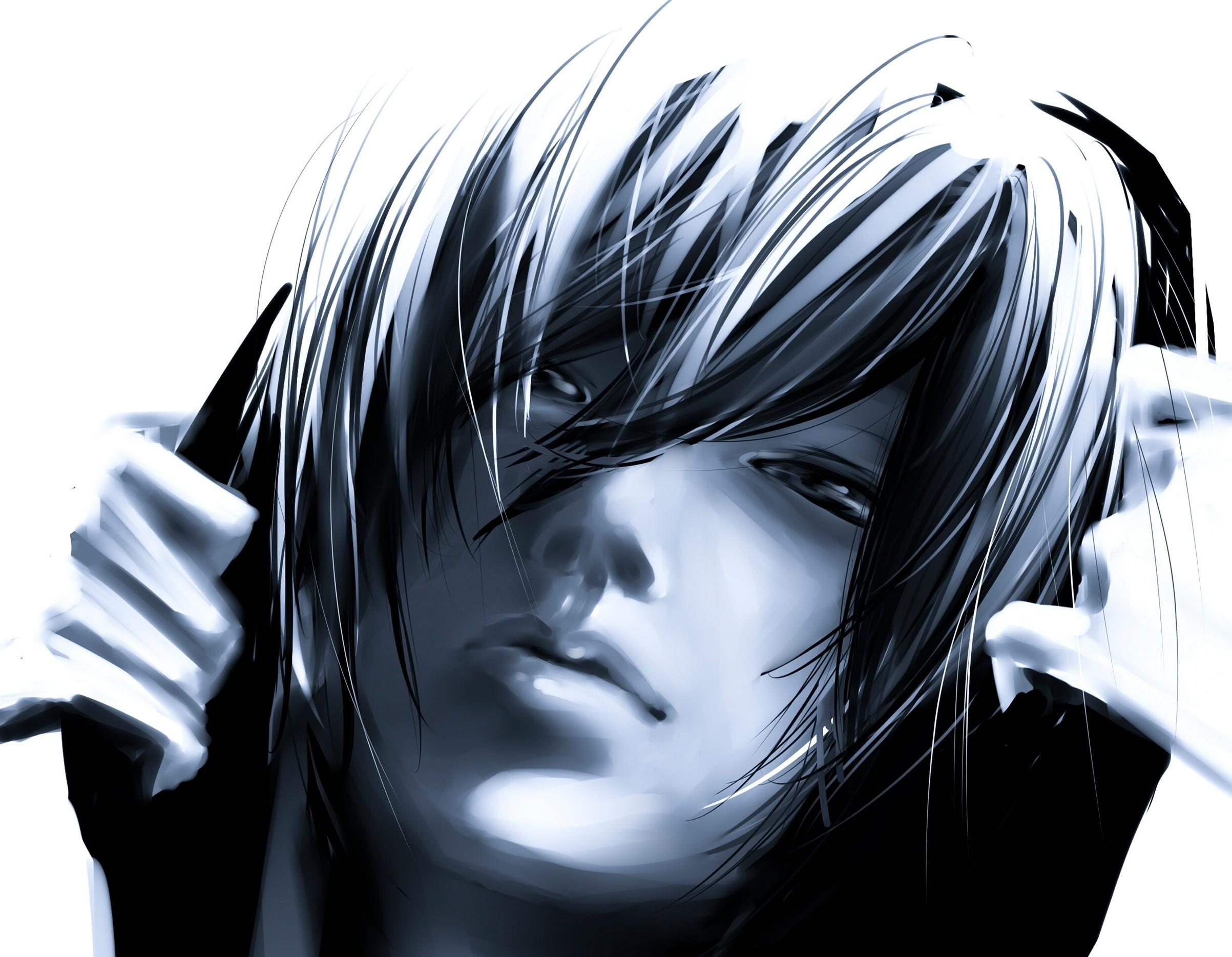 2405x1868 Guy Bangs Face Portrait Black White Superb Anime Android Wallpaper