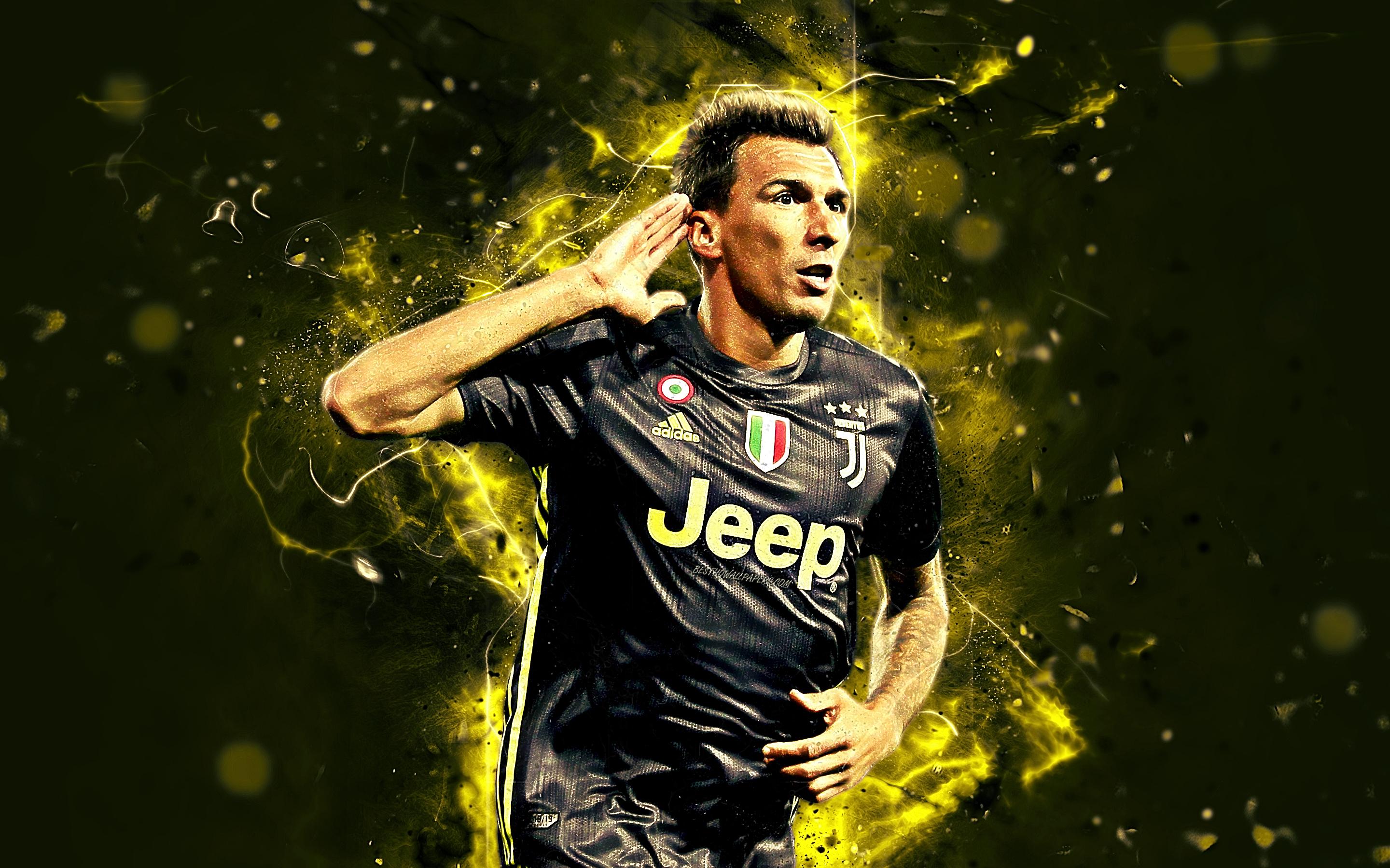 2880x1800 Download wallpaper Mario Mandzukic, black uniform, croatian footballer, Juventus FC, soccer, Serie A, Mandzukic, neon lights, Bianconeri for desktop with resolution 2880x1800. High Quality HD picture wallpaper