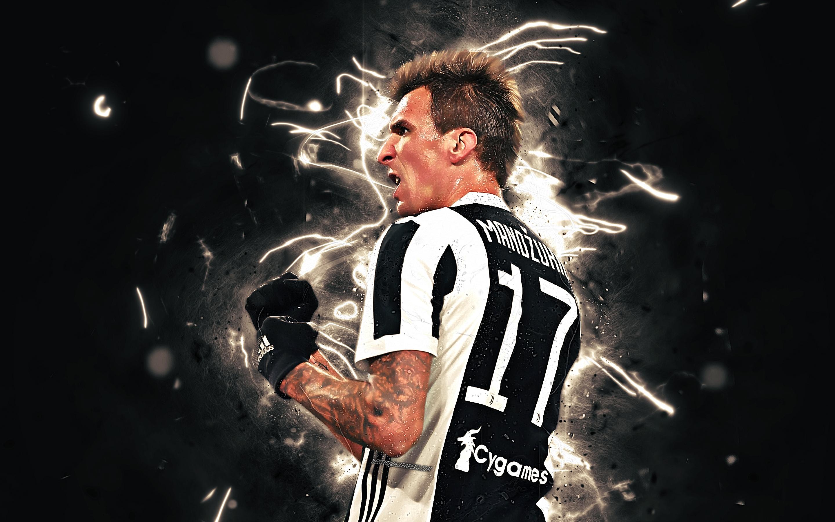 2880x1800 Download wallpaper Mario Mandzukic, goal, forward, Juventus FC, soccer, Serie A, croatian footballers, Mandzukic, neon lights, Juve, Bianconeri for desktop with resolution 2880x1800. High Quality HD picture wallpaper