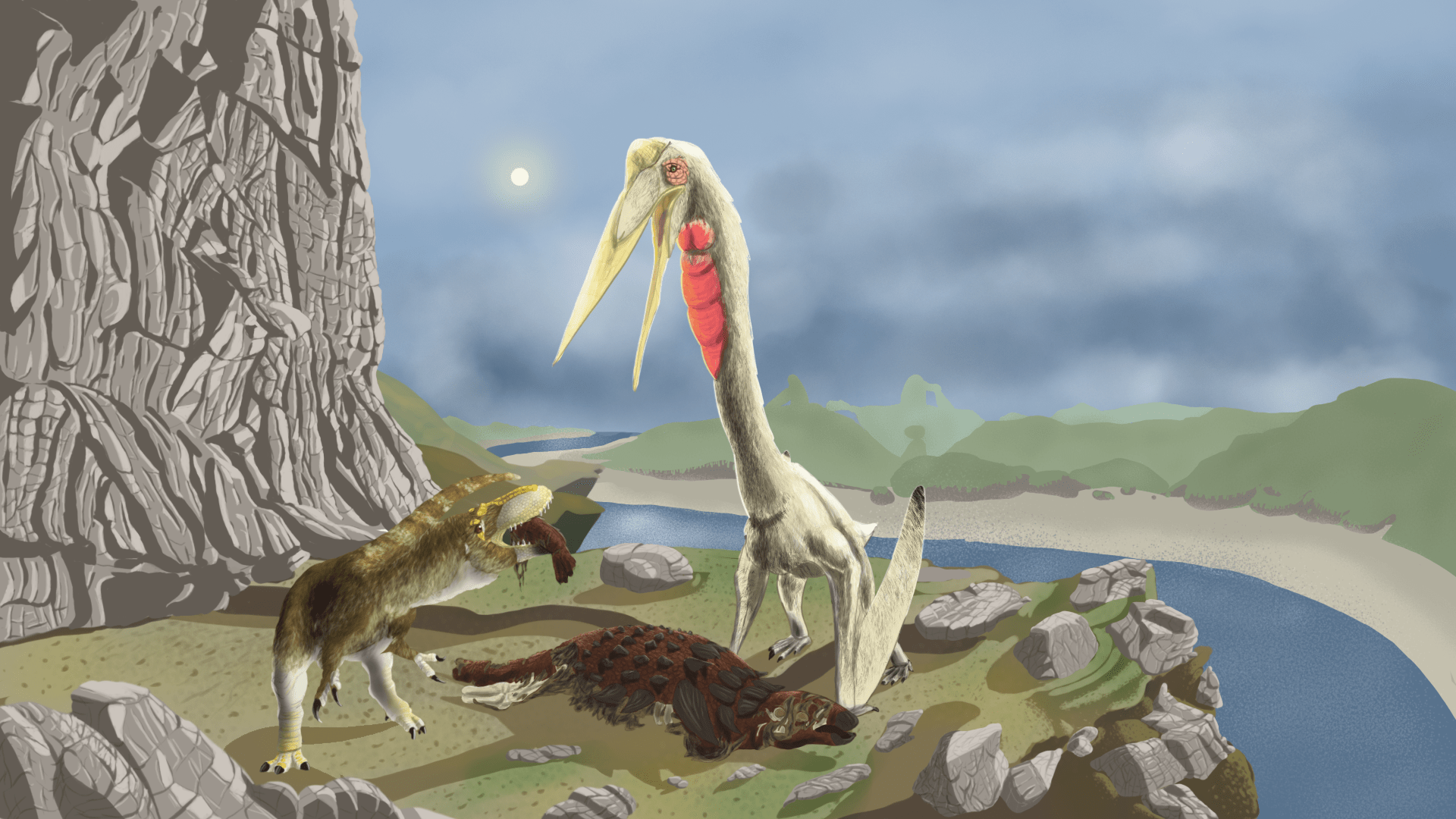 1920x1080 OC Dryptosaurus feeding on an Edmontonia, a Quetzalcoatlus joins the party to claim its piece of the cake